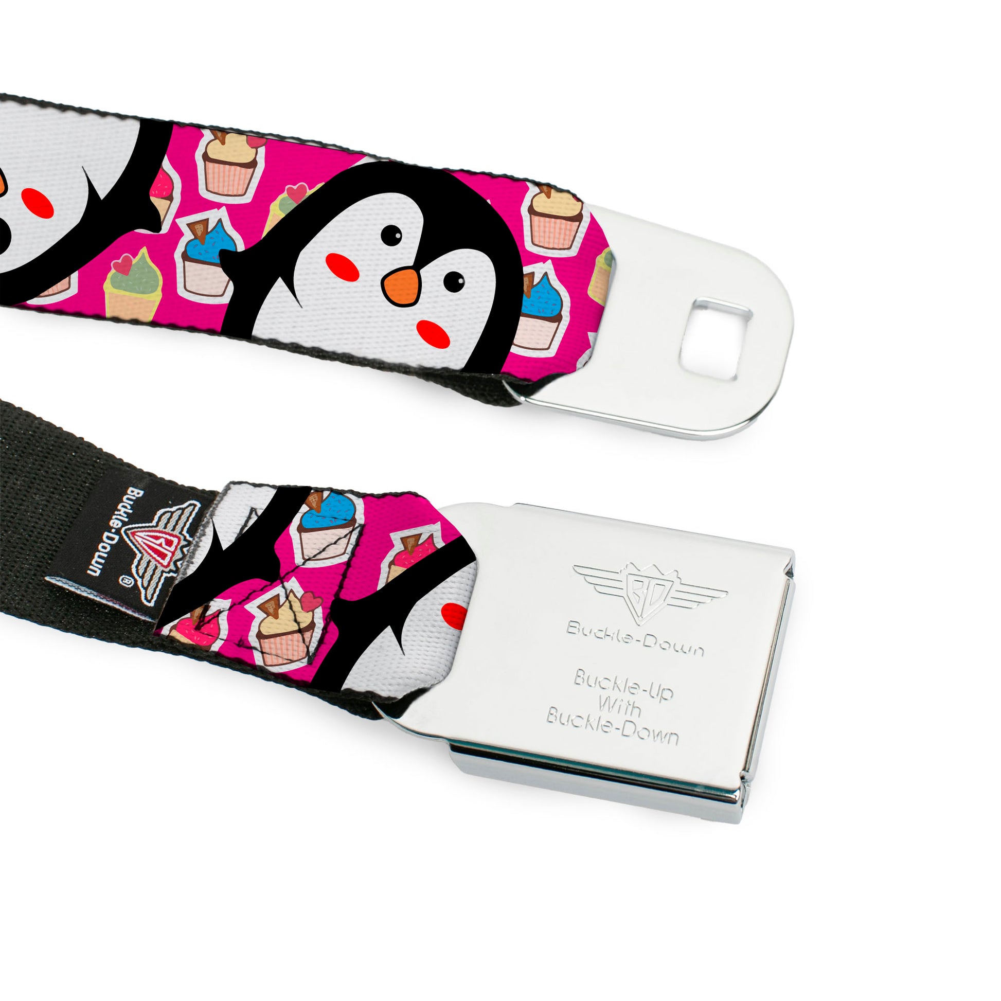 BD Wings Logo CLOSE-UP Black/Silver Seatbelt Belt - Penguins w/Cupcakes Fuchsia/Purple/White Webbing Seatbelt Belts Buckle-Down