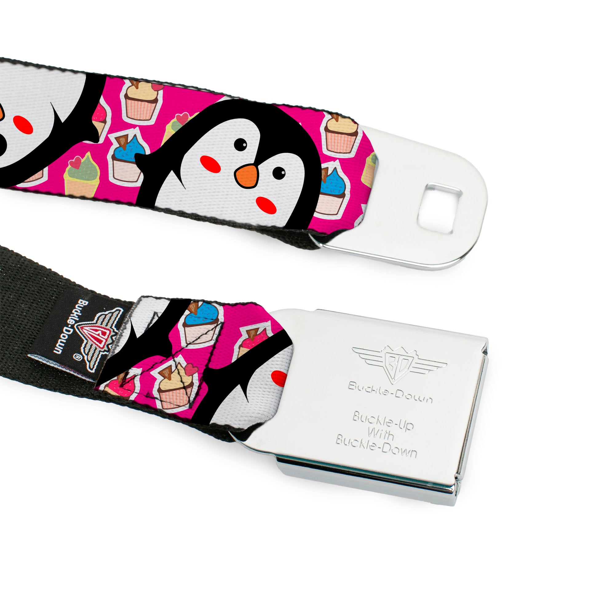 BD Wings Logo CLOSE-UP Black/Silver Seatbelt Belt - Penguins w/Cupcakes Fuchsia/Purple/White Webbing Seatbelt Belts Buckle-Down