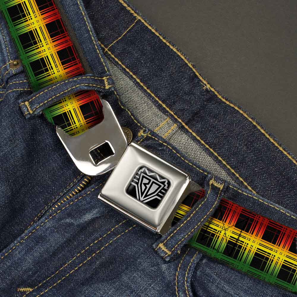 BD Wings Logo CLOSE-UP Full Color Black Silver Seatbelt Belt - Plaid Black/Rasta Webbing Seatbelt Belts Buckle-Down