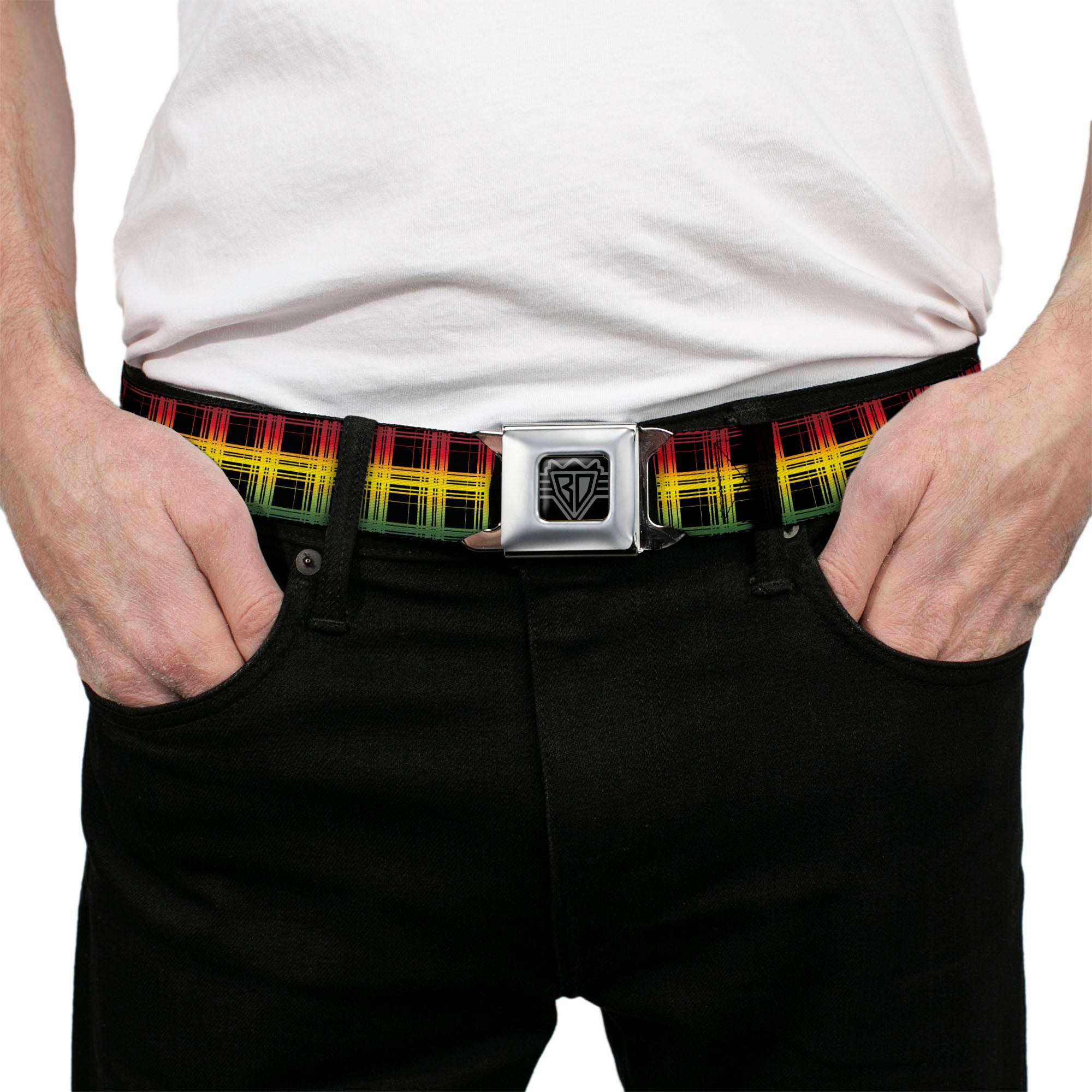 BD Wings Logo CLOSE-UP Full Color Black Silver Seatbelt Belt - Plaid Black/Rasta Webbing Seatbelt Belts Buckle-Down