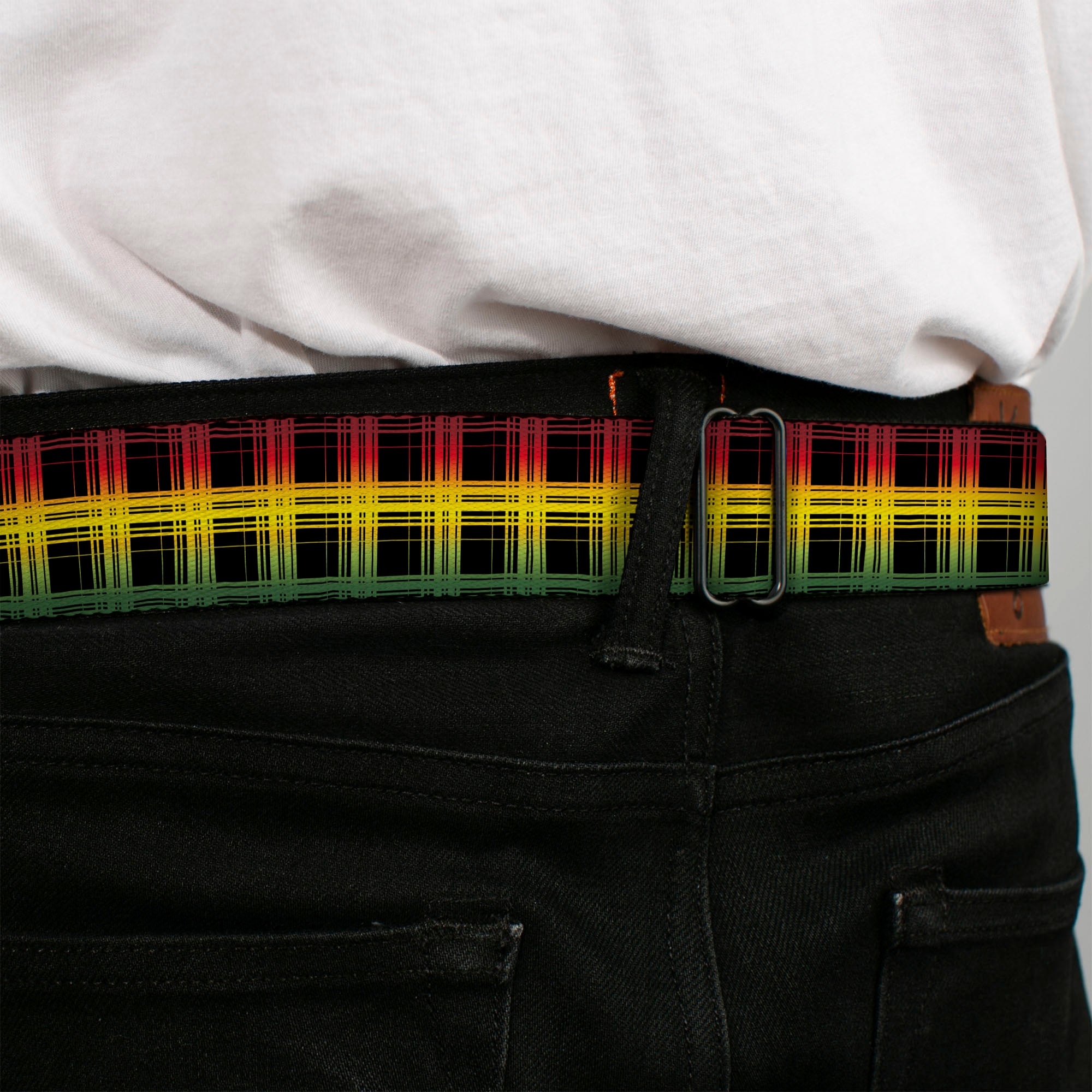 BD Wings Logo CLOSE-UP Full Color Black Silver Seatbelt Belt - Plaid Black/Rasta Webbing Seatbelt Belts Buckle-Down