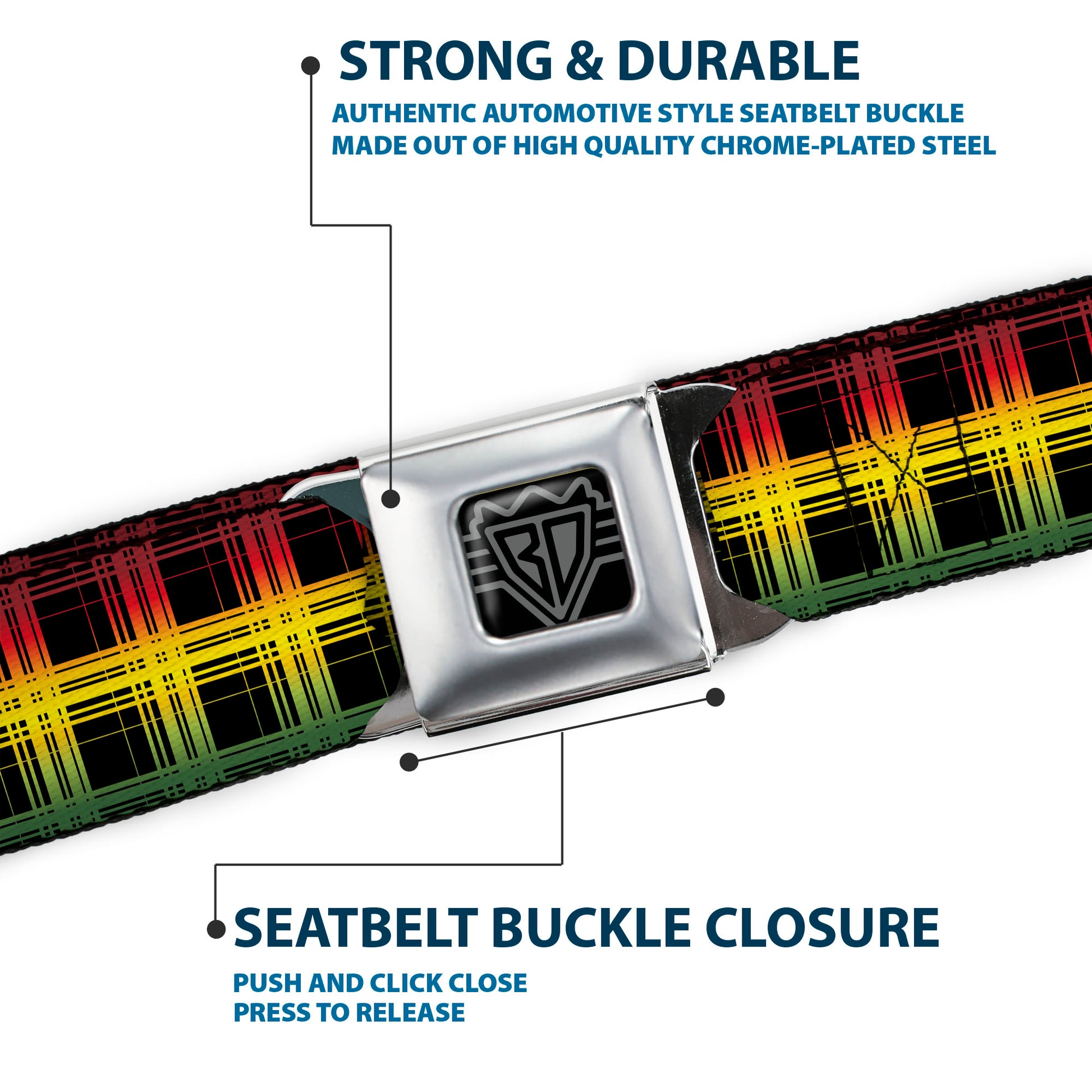 BD Wings Logo CLOSE-UP Full Color Black Silver Seatbelt Belt - Plaid Black/Rasta Webbing Seatbelt Belts Buckle-Down