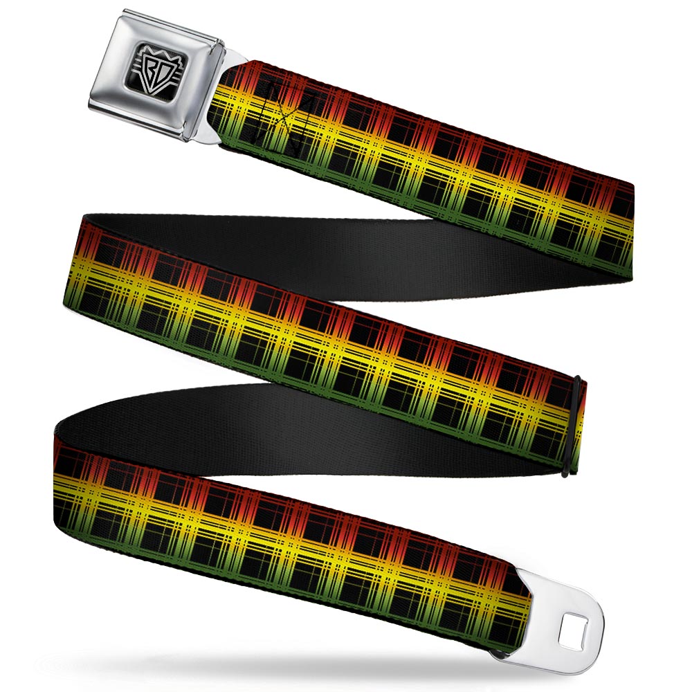 BD Wings Logo CLOSE-UP Full Color Black Silver Seatbelt Belt - Plaid Black/Rasta Webbing Seatbelt Belts Buckle-Down