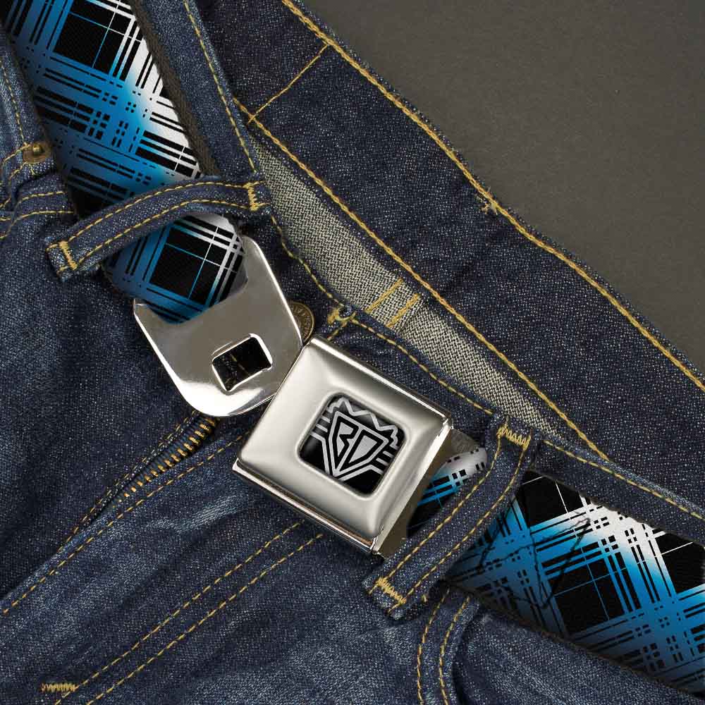 BD Wings Logo CLOSE-UP Full Color Black Silver Seatbelt Belt - Plaid X Gradient Black/White/Blue Webbing Seatbelt Belts Buckle-Down