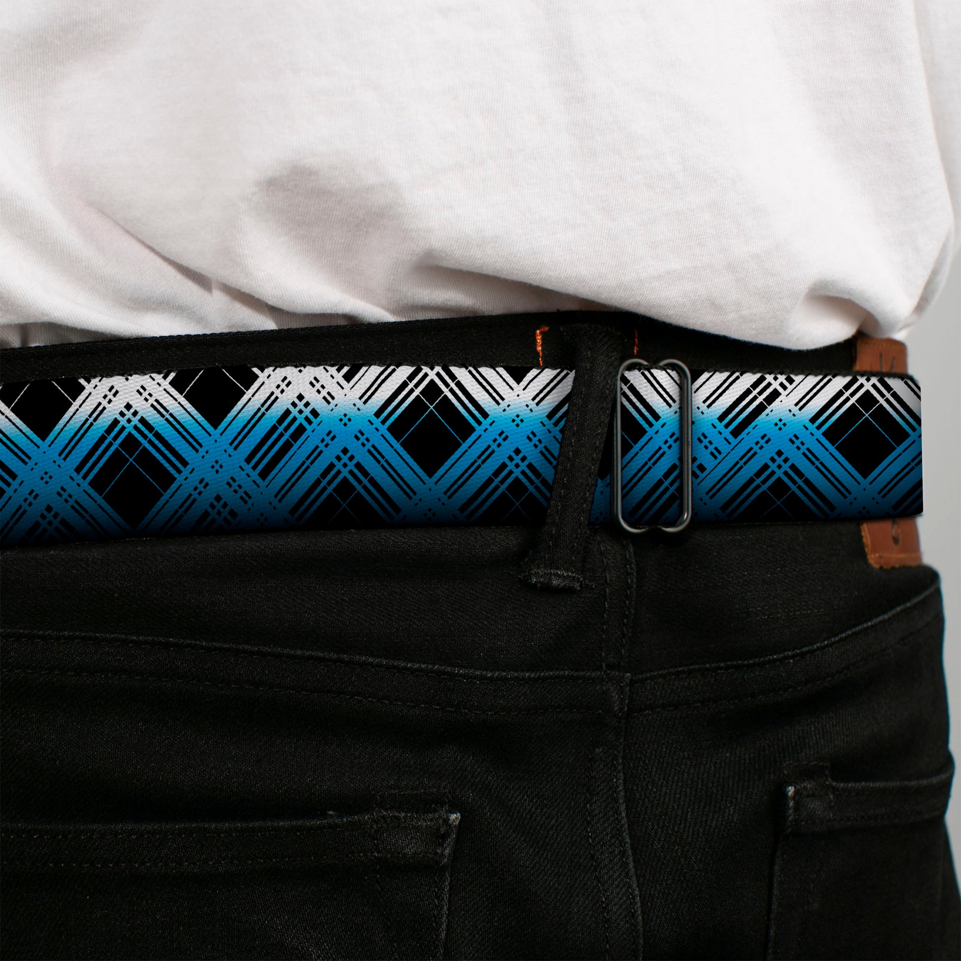 BD Wings Logo CLOSE-UP Full Color Black Silver Seatbelt Belt - Plaid X Gradient Black/White/Blue Webbing Seatbelt Belts Buckle-Down