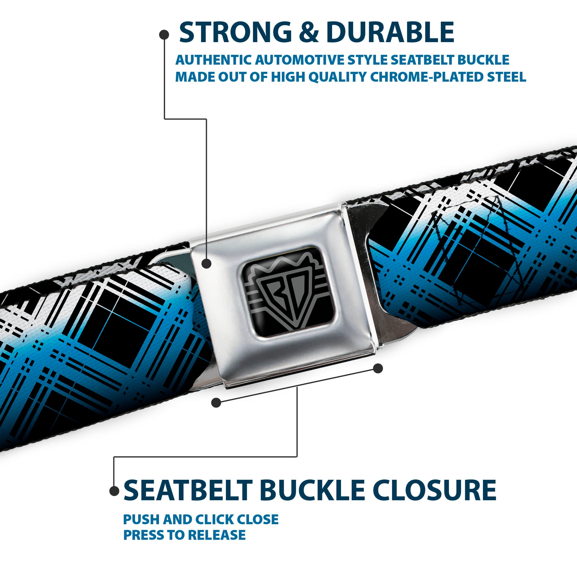 BD Wings Logo CLOSE-UP Full Color Black Silver Seatbelt Belt - Plaid X Gradient Black/White/Blue Webbing Seatbelt Belts Buckle-Down