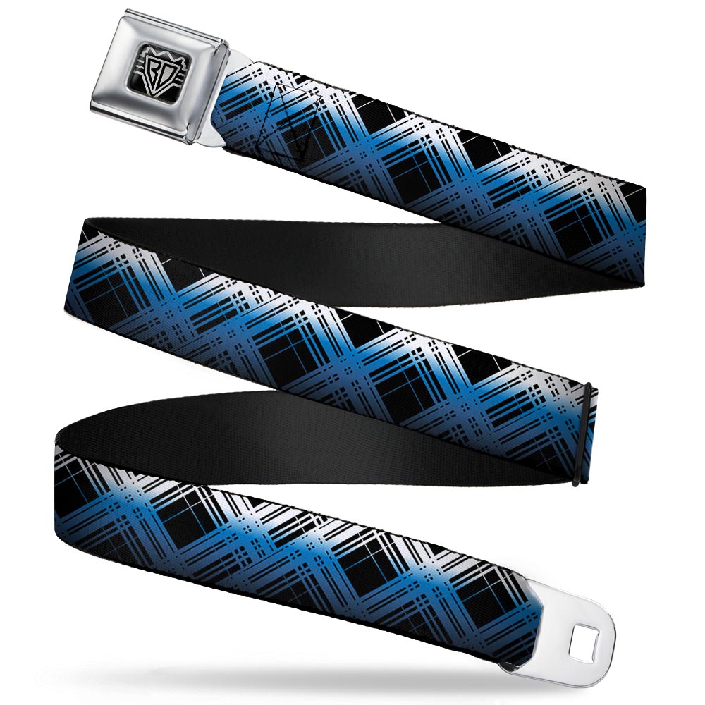 BD Wings Logo CLOSE-UP Full Color Black Silver Seatbelt Belt - Plaid X Gradient Black/White/Blue Webbing Seatbelt Belts Buckle-Down