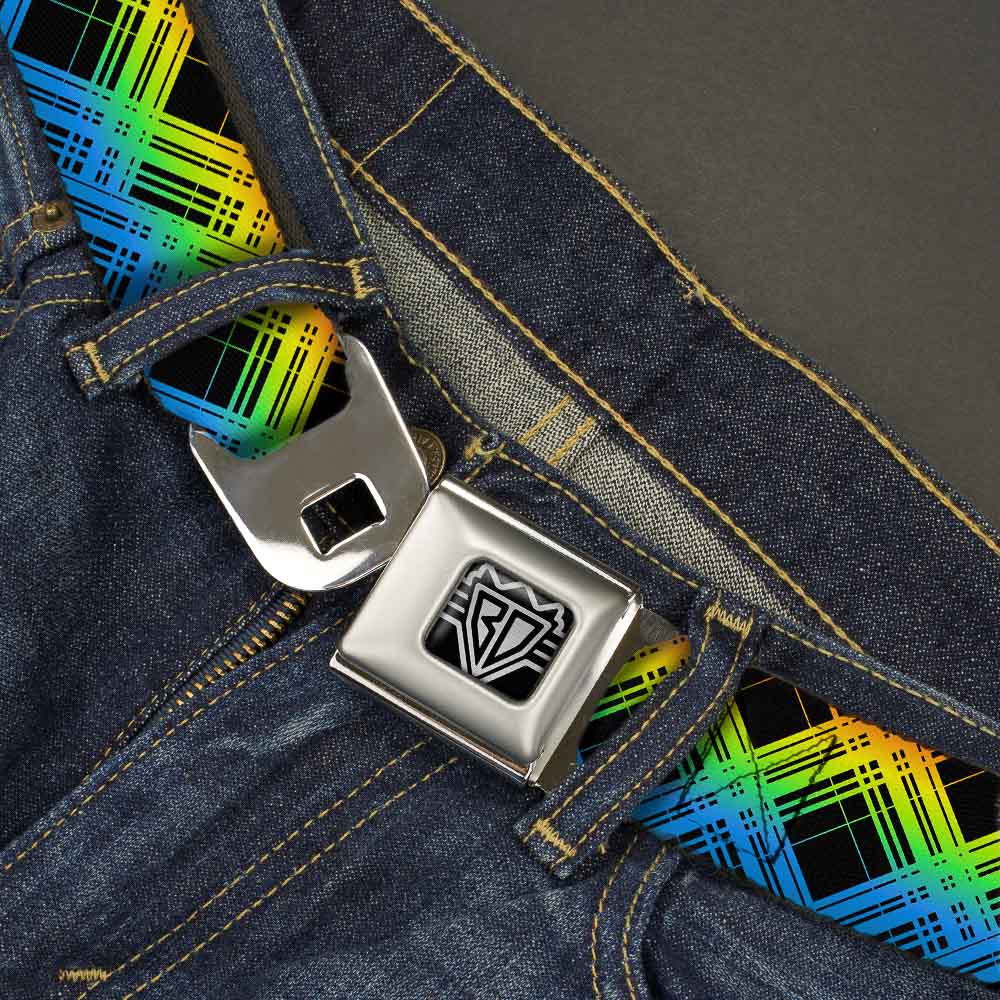 BD Wings Logo CLOSE-UP Full Color Black Silver Seatbelt Belt - Plaid X Gradient Black/Orange/Green/Blue Webbing Seatbelt Belts Buckle-Down