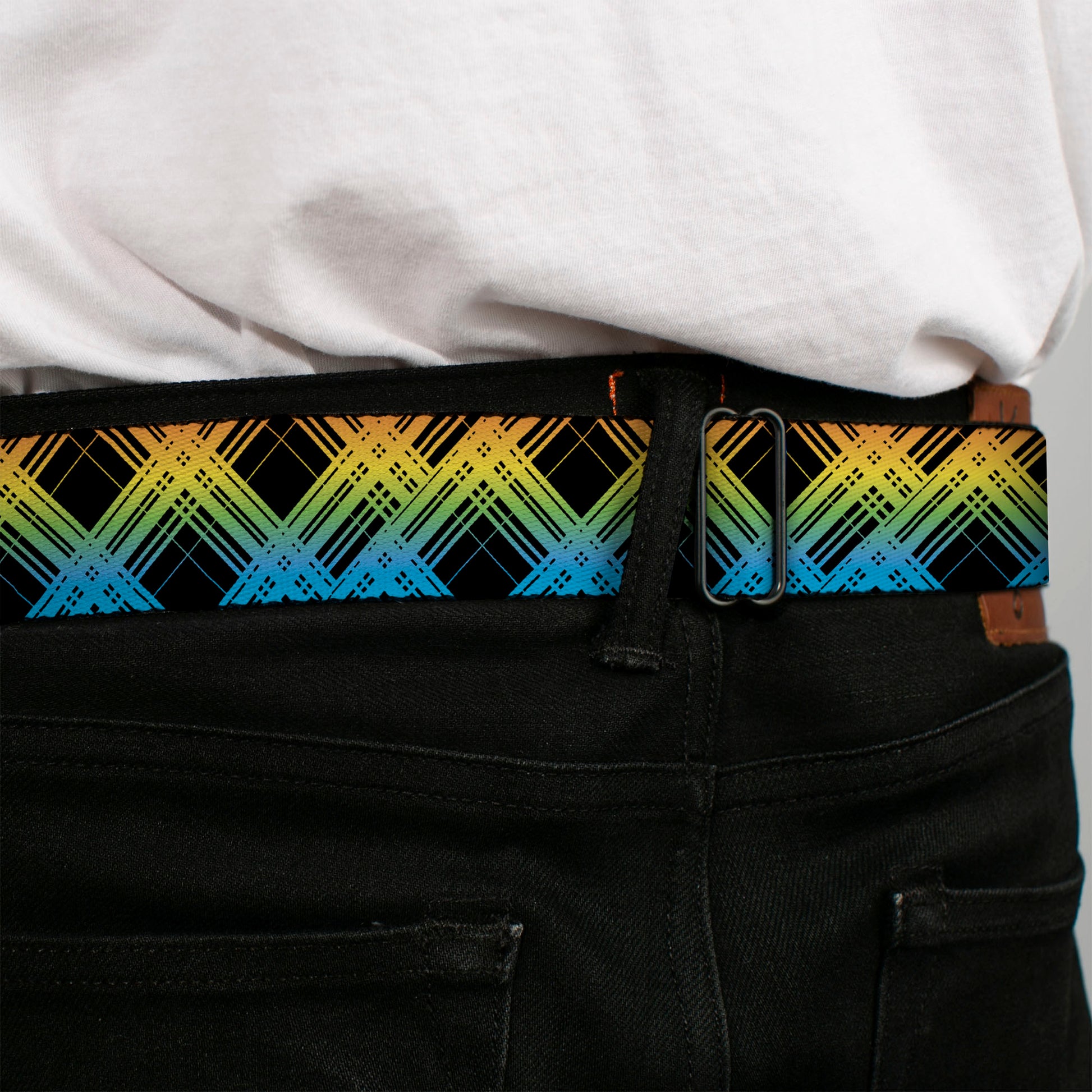 BD Wings Logo CLOSE-UP Full Color Black Silver Seatbelt Belt - Plaid X Gradient Black/Orange/Green/Blue Webbing Seatbelt Belts Buckle-Down