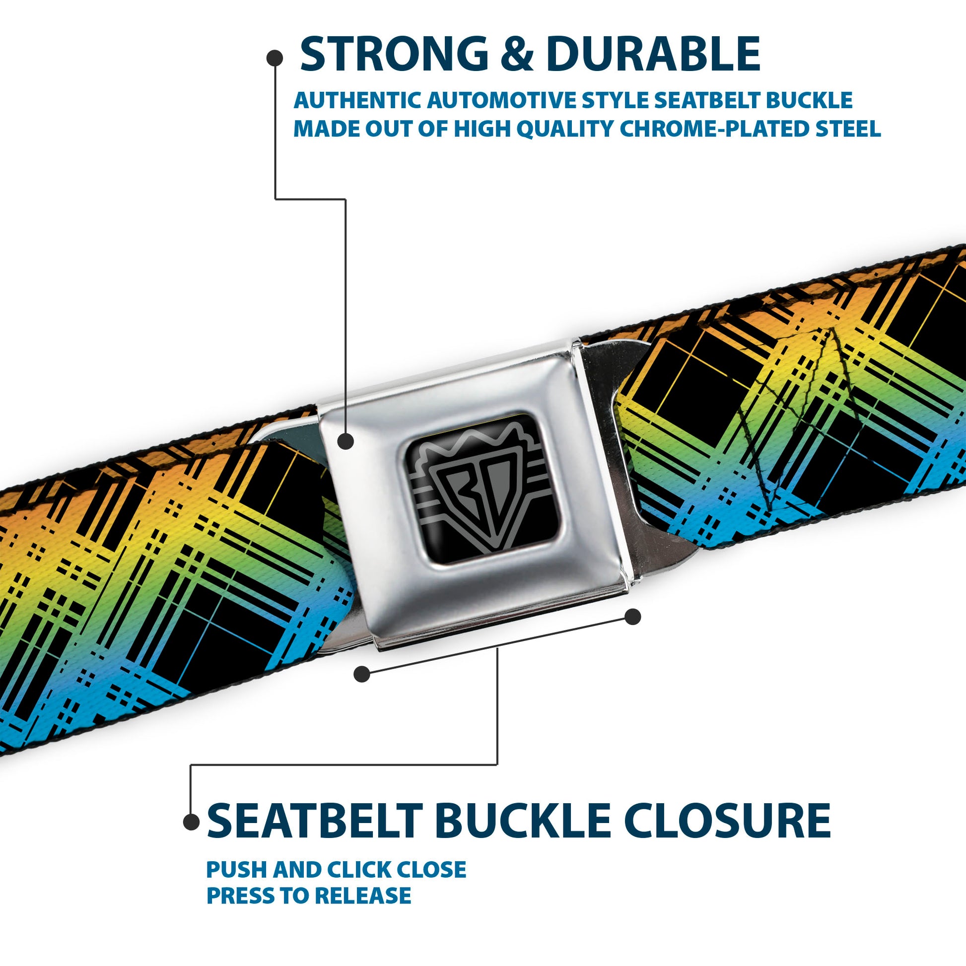 BD Wings Logo CLOSE-UP Full Color Black Silver Seatbelt Belt - Plaid X Gradient Black/Orange/Green/Blue Webbing Seatbelt Belts Buckle-Down