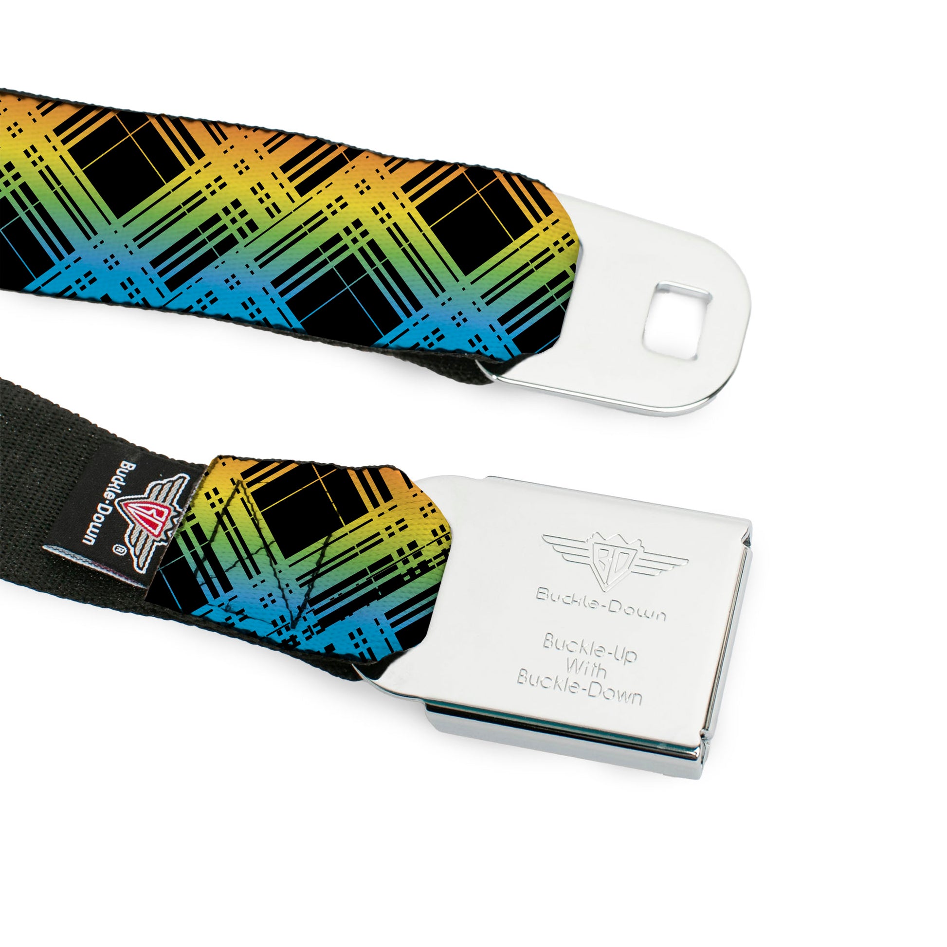 BD Wings Logo CLOSE-UP Full Color Black Silver Seatbelt Belt - Plaid X Gradient Black/Orange/Green/Blue Webbing Seatbelt Belts Buckle-Down
