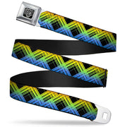 BD Wings Logo CLOSE-UP Full Color Black Silver Seatbelt Belt - Plaid X Gradient Black/Orange/Green/Blue Webbing Seatbelt Belts Buckle-Down