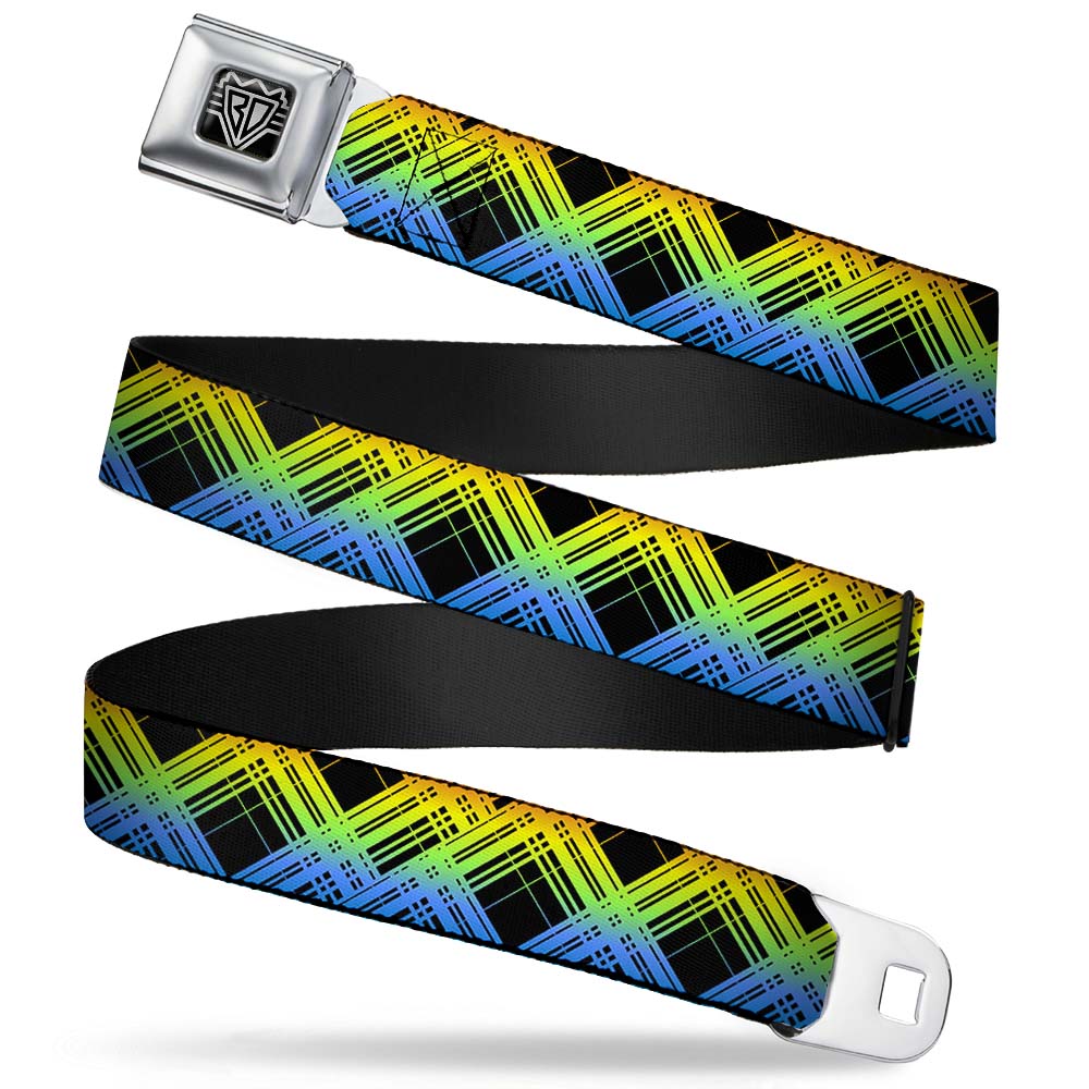 BD Wings Logo CLOSE-UP Full Color Black Silver Seatbelt Belt - Plaid X Gradient Black/Orange/Green/Blue Webbing Seatbelt Belts Buckle-Down