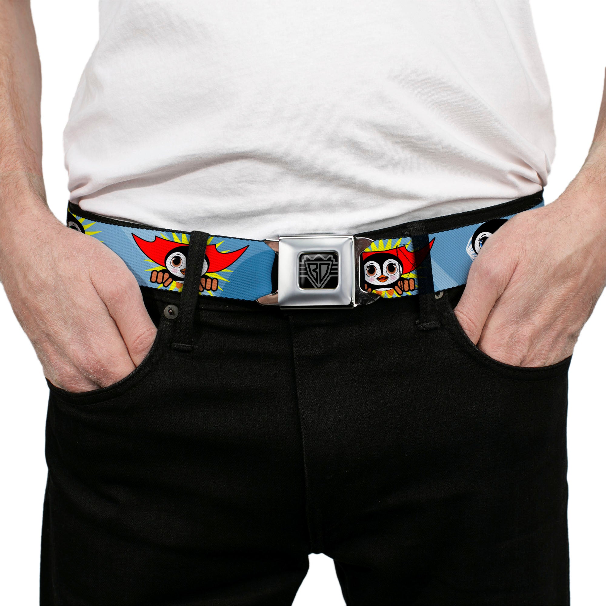 BD Wings Logo CLOSE-UP Full Color Black Silver Seatbelt Belt - Penguin Superhero Blue Bubbles Webbing Seatbelt Belts Buckle-Down