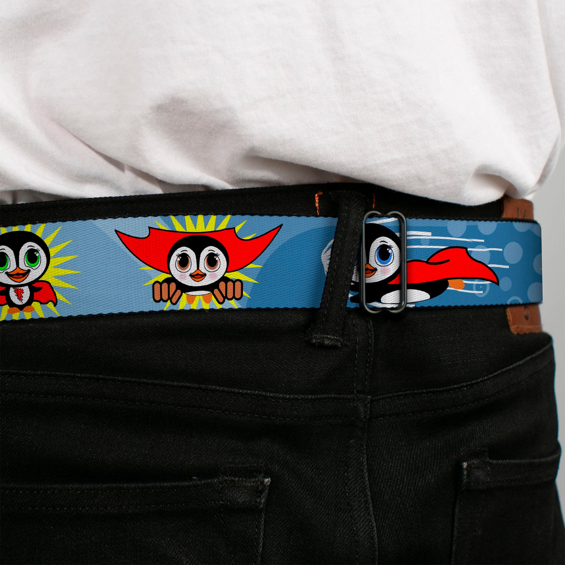 BD Wings Logo CLOSE-UP Full Color Black Silver Seatbelt Belt - Penguin Superhero Blue Bubbles Webbing Seatbelt Belts Buckle-Down