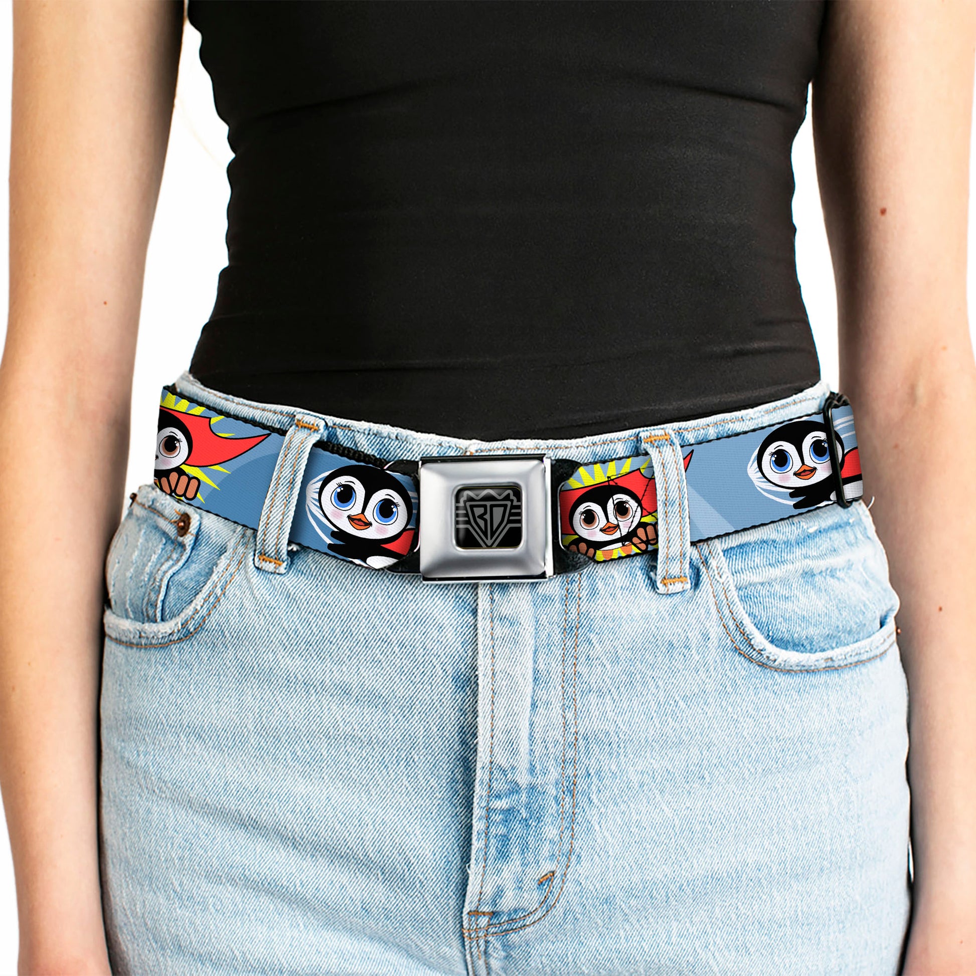 BD Wings Logo CLOSE-UP Full Color Black Silver Seatbelt Belt - Penguin Superhero Blue Bubbles Webbing Seatbelt Belts Buckle-Down