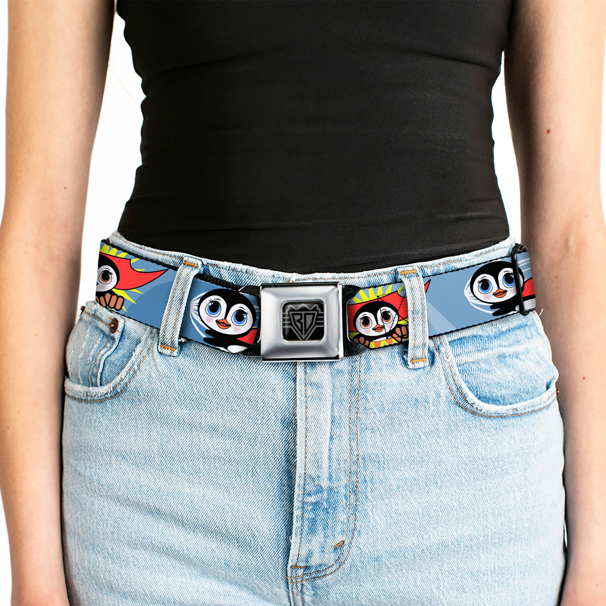 BD Wings Logo CLOSE-UP Full Color Black Silver Seatbelt Belt - Penguin Superhero Blue Bubbles Webbing Seatbelt Belts Buckle-Down