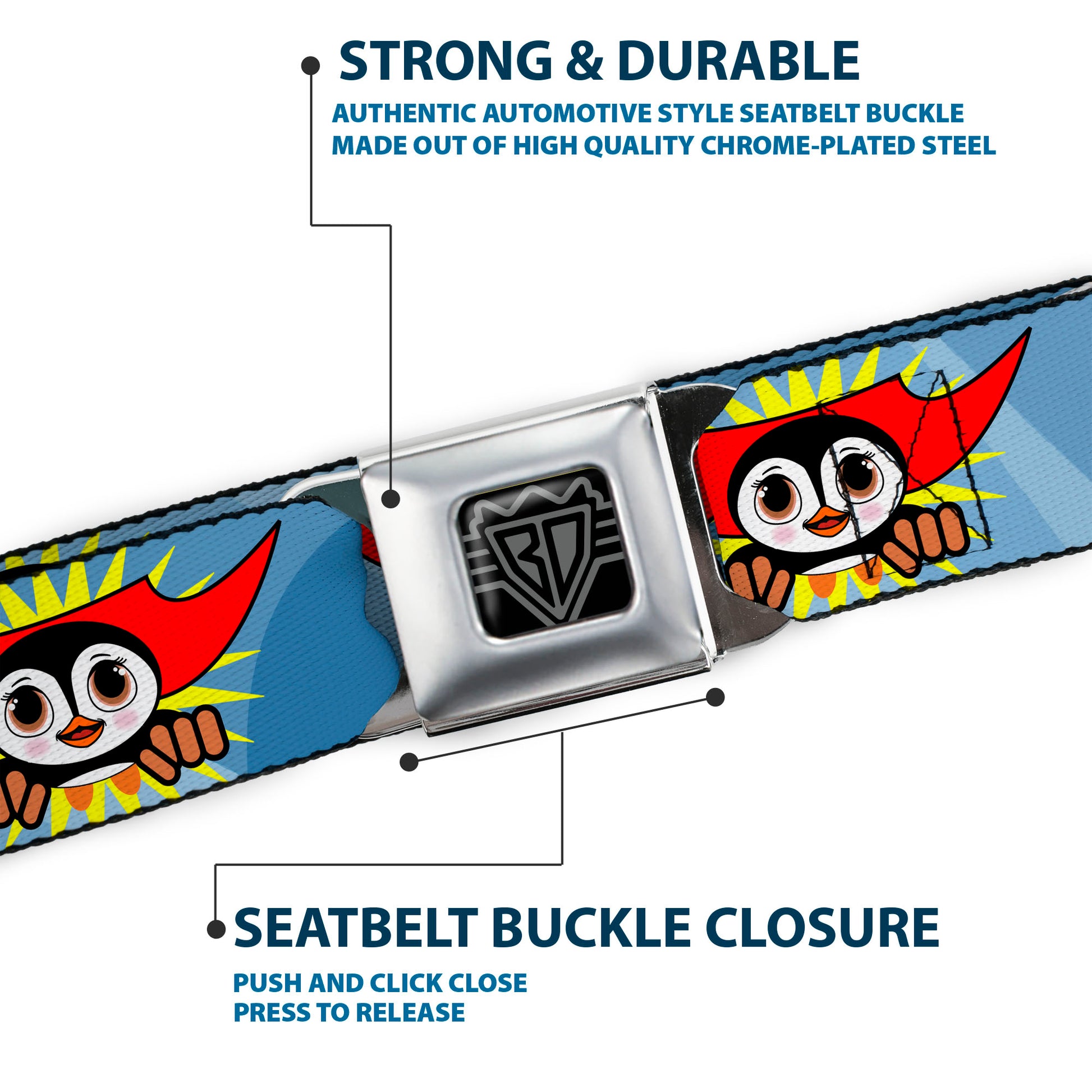 BD Wings Logo CLOSE-UP Full Color Black Silver Seatbelt Belt - Penguin Superhero Blue Bubbles Webbing Seatbelt Belts Buckle-Down