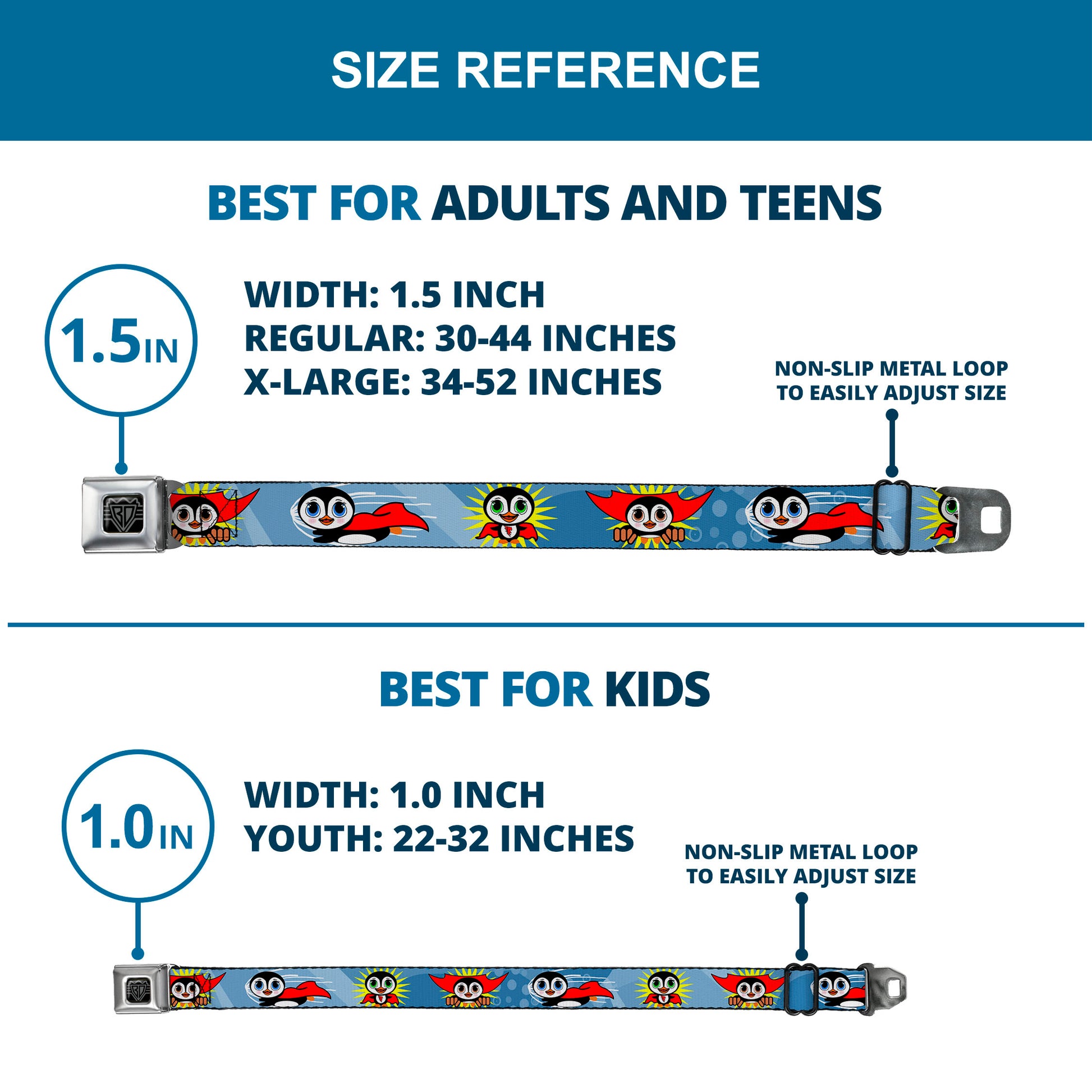BD Wings Logo CLOSE-UP Full Color Black Silver Seatbelt Belt - Penguin Superhero Blue Bubbles Webbing Seatbelt Belts Buckle-Down