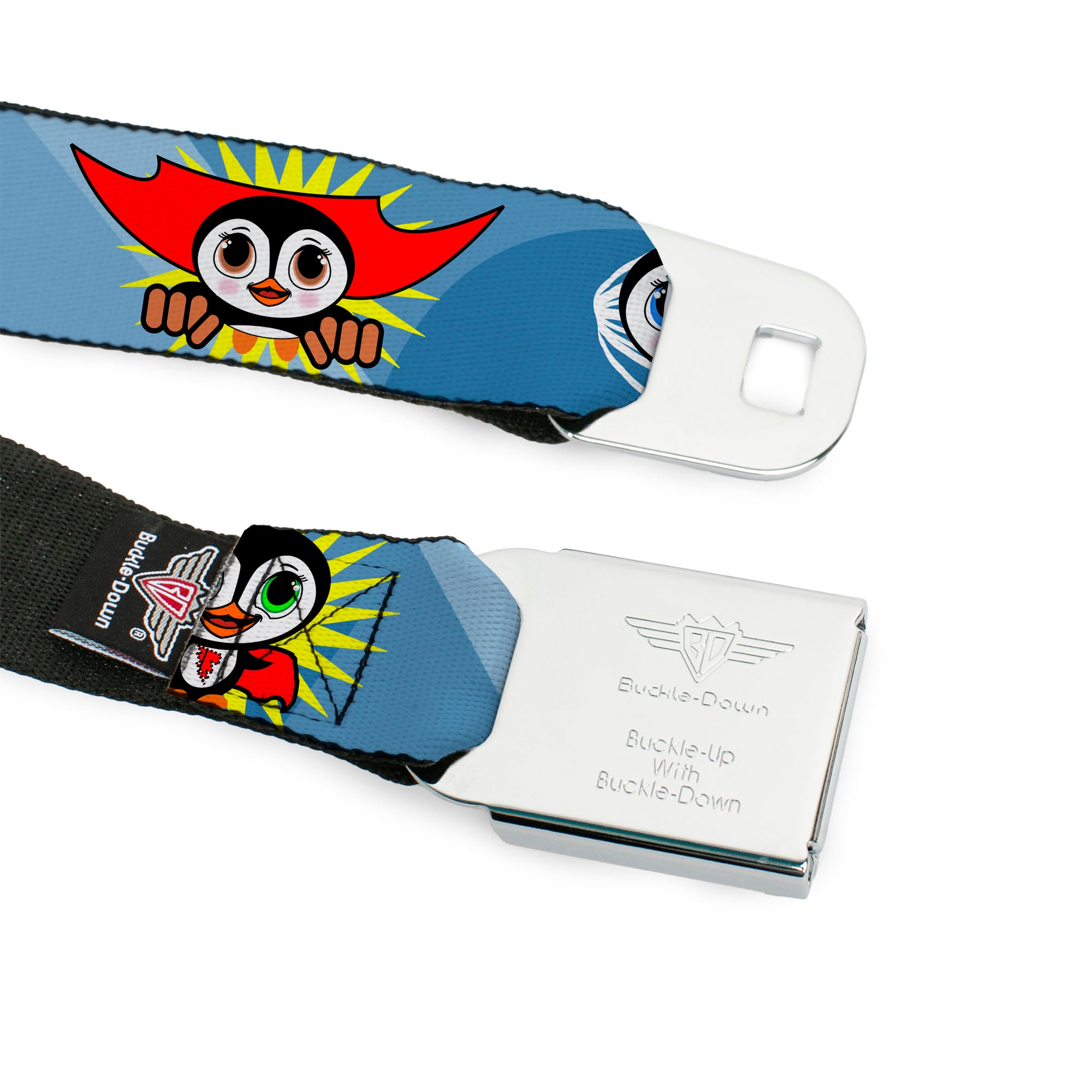 BD Wings Logo CLOSE-UP Full Color Black Silver Seatbelt Belt - Penguin Superhero Blue Bubbles Webbing Seatbelt Belts Buckle-Down