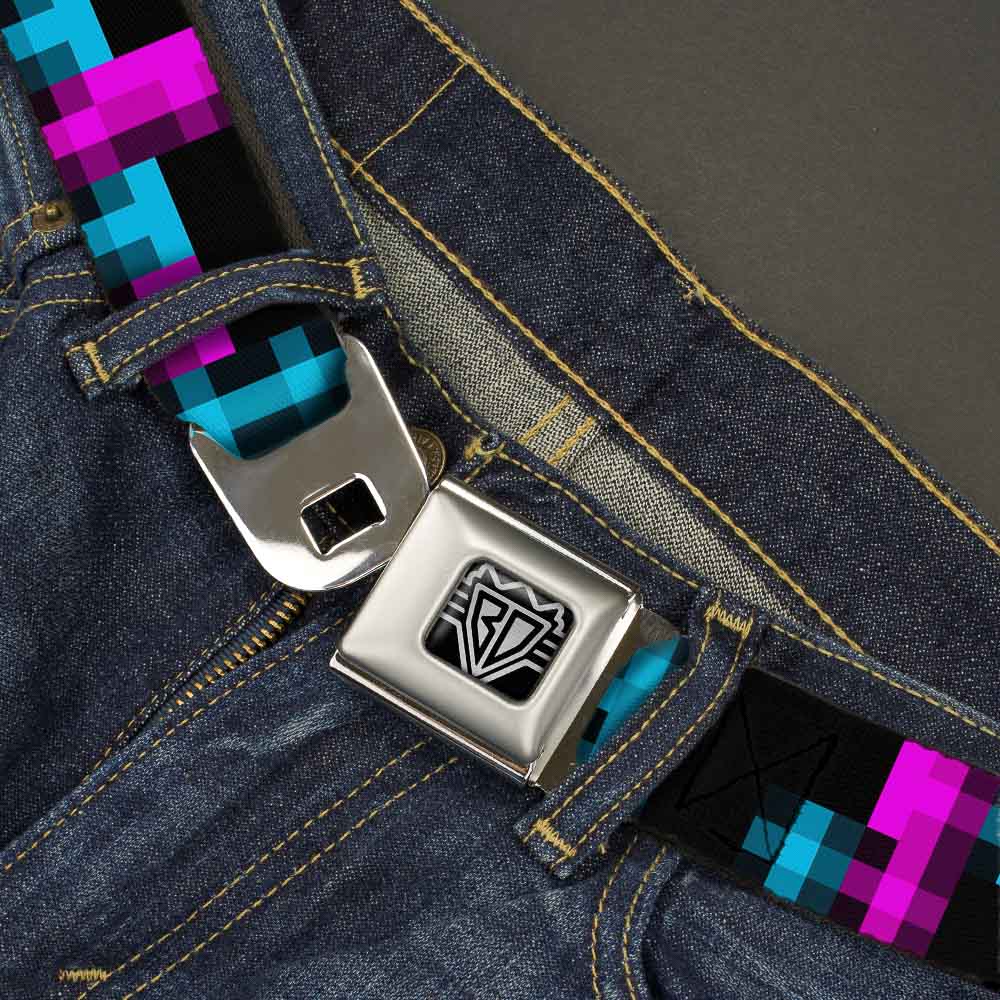 BD Wings Logo CLOSE-UP Full Color Black Silver Seatbelt Belt - Pixilated Checker Black/Fuchsia/Turquoise Webbing Seatbelt Belts Buckle-Down