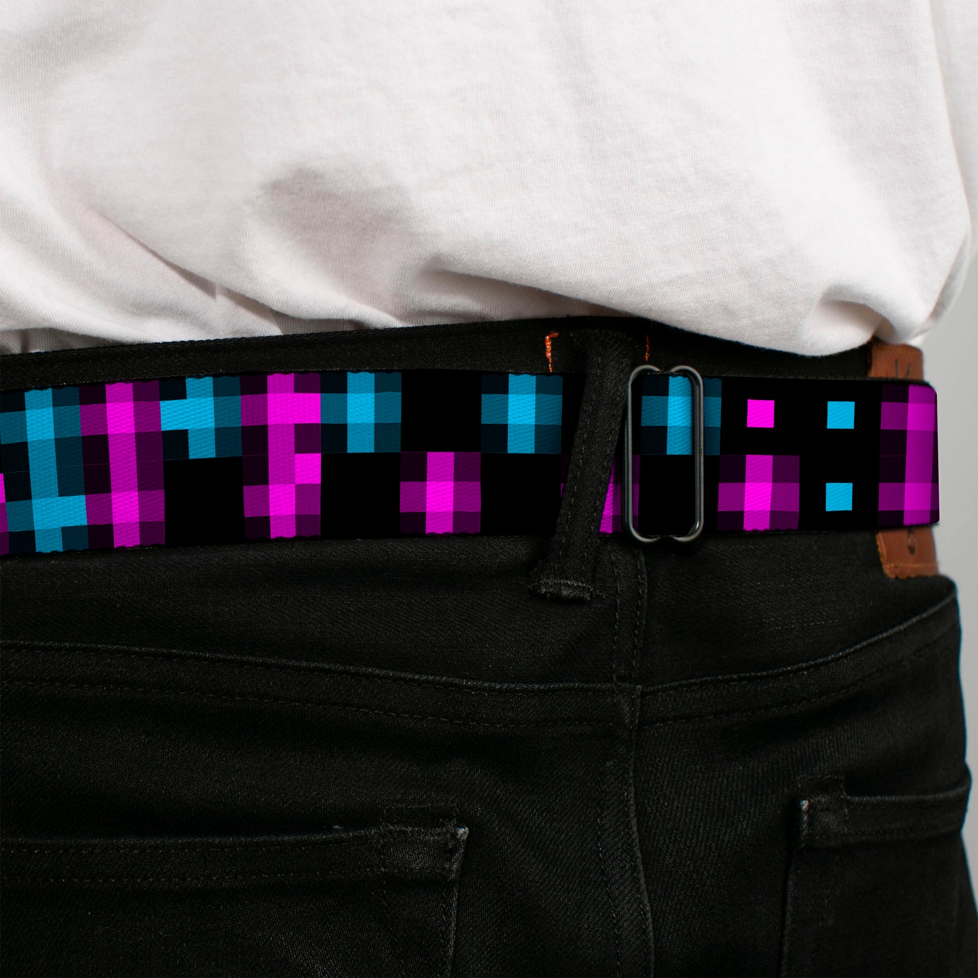 BD Wings Logo CLOSE-UP Full Color Black Silver Seatbelt Belt - Pixilated Checker Black/Fuchsia/Turquoise Webbing Seatbelt Belts Buckle-Down