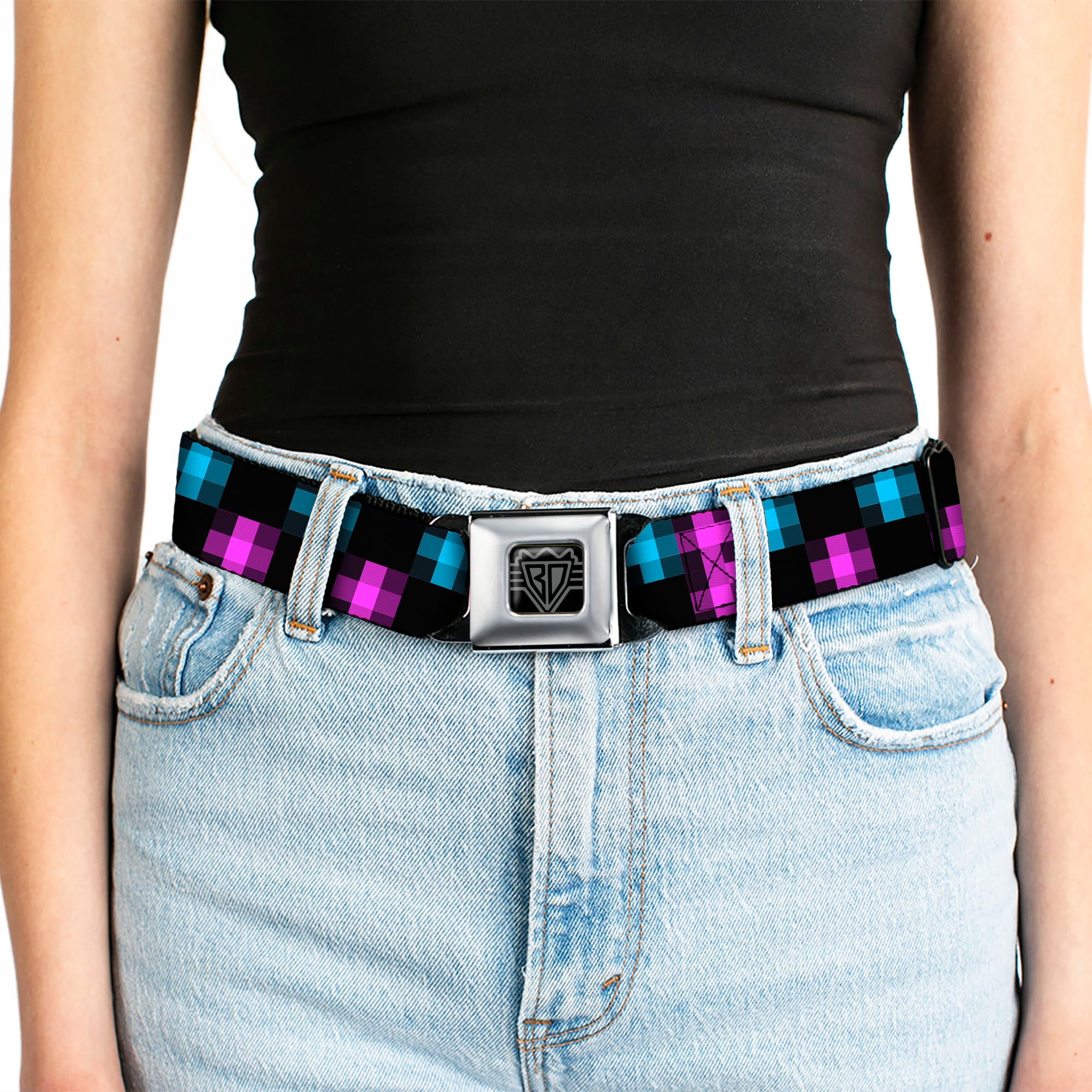 BD Wings Logo CLOSE-UP Full Color Black Silver Seatbelt Belt - Pixilated Checker Black/Fuchsia/Turquoise Webbing Seatbelt Belts Buckle-Down