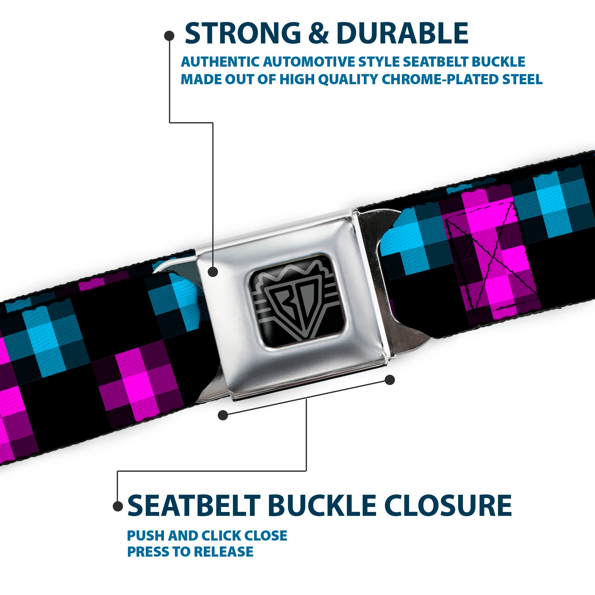 BD Wings Logo CLOSE-UP Full Color Black Silver Seatbelt Belt - Pixilated Checker Black/Fuchsia/Turquoise Webbing Seatbelt Belts Buckle-Down