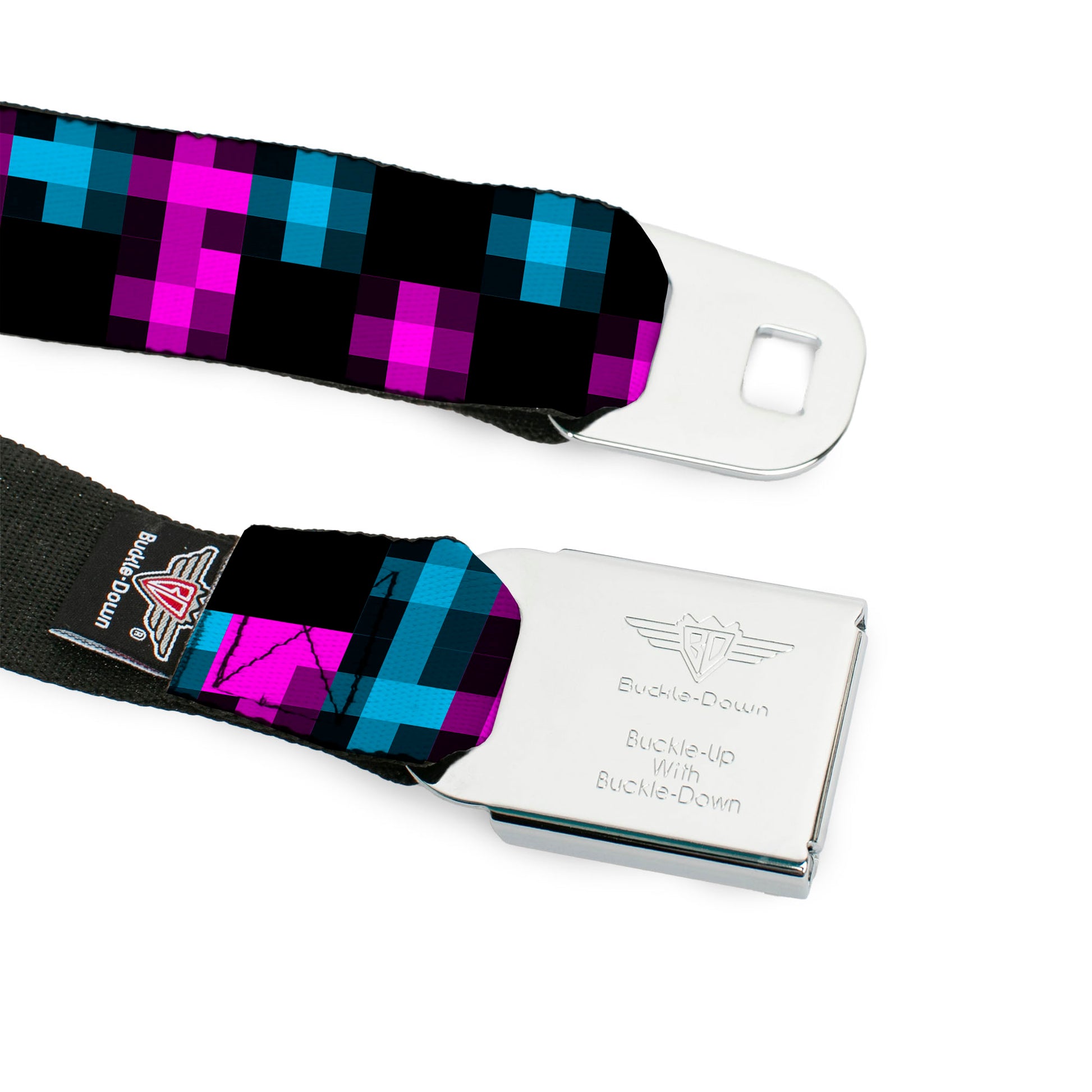 BD Wings Logo CLOSE-UP Full Color Black Silver Seatbelt Belt - Pixilated Checker Black/Fuchsia/Turquoise Webbing Seatbelt Belts Buckle-Down