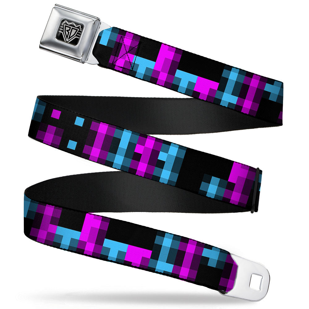 BD Wings Logo CLOSE-UP Full Color Black Silver Seatbelt Belt - Pixilated Checker Black/Fuchsia/Turquoise Webbing Seatbelt Belts Buckle-Down