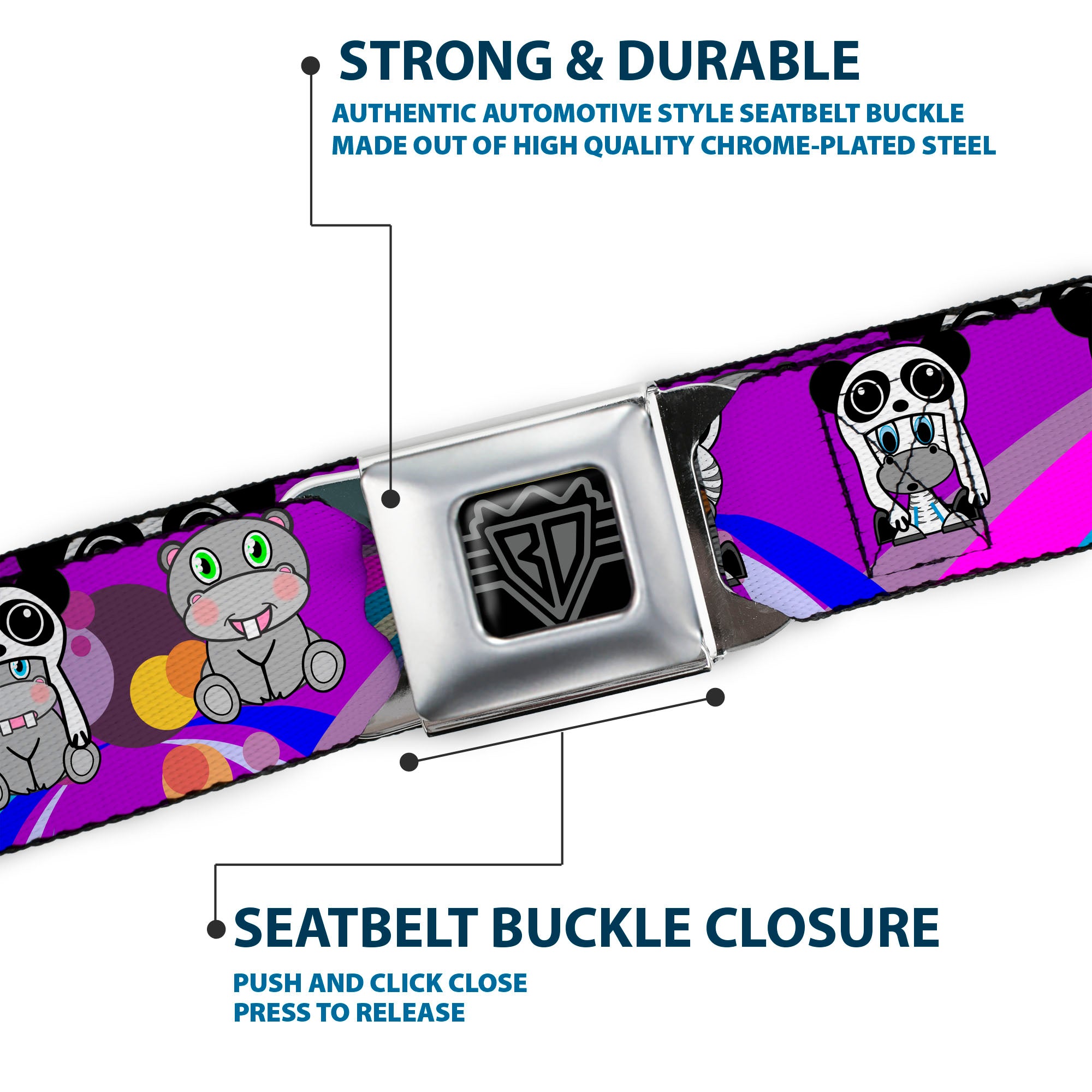 BD Wings Logo CLOSE-UP Full Color Black Silver Seatbelt Belt - Panda Hat Animals w/Bright Color Burst Webbing Seatbelt Belts Buckle-Down