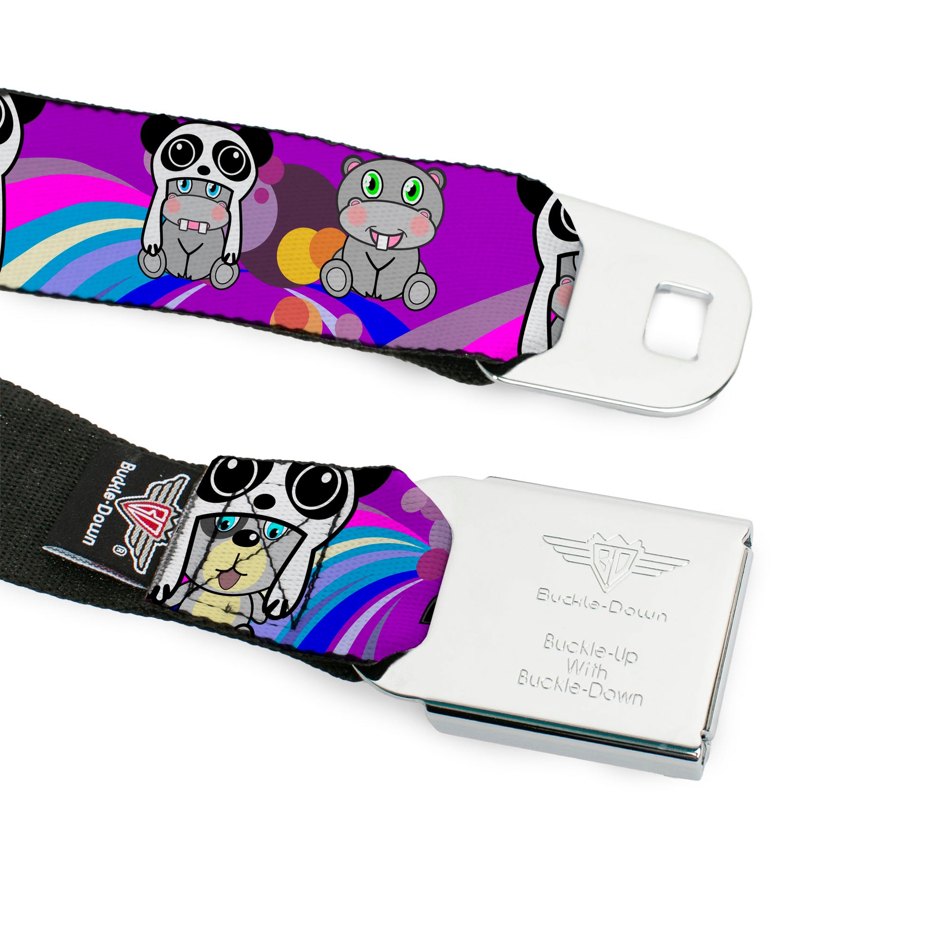 BD Wings Logo CLOSE-UP Full Color Black Silver Seatbelt Belt - Panda Hat Animals w/Bright Color Burst Webbing Seatbelt Belts Buckle-Down