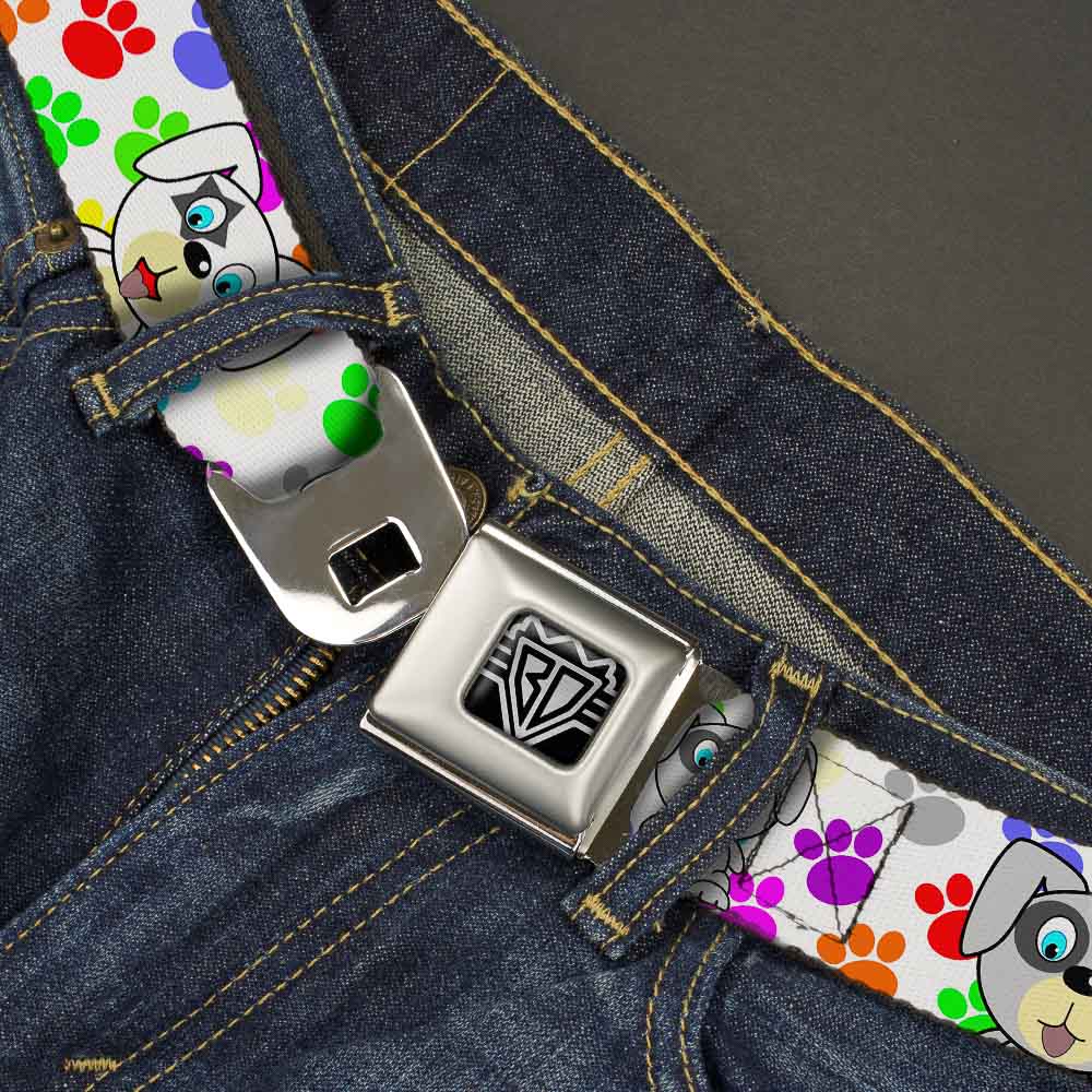 BD Wings Logo CLOSE-UP Full Color Black Silver Seatbelt Belt - Puppies w/Paw Prints White/Multi Color Webbing Seatbelt Belts Buckle-Down