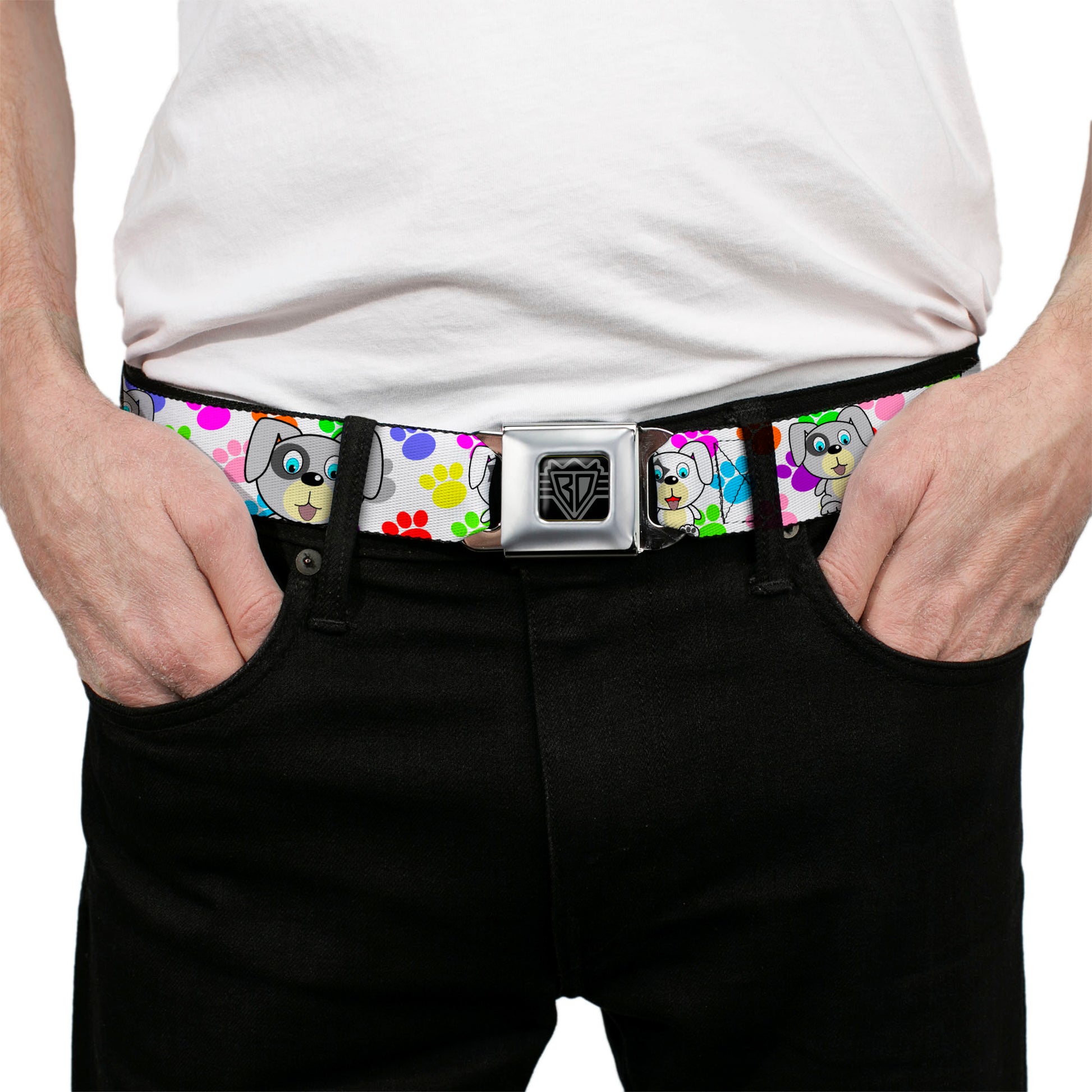 BD Wings Logo CLOSE-UP Full Color Black Silver Seatbelt Belt - Puppies w/Paw Prints White/Multi Color Webbing Seatbelt Belts Buckle-Down