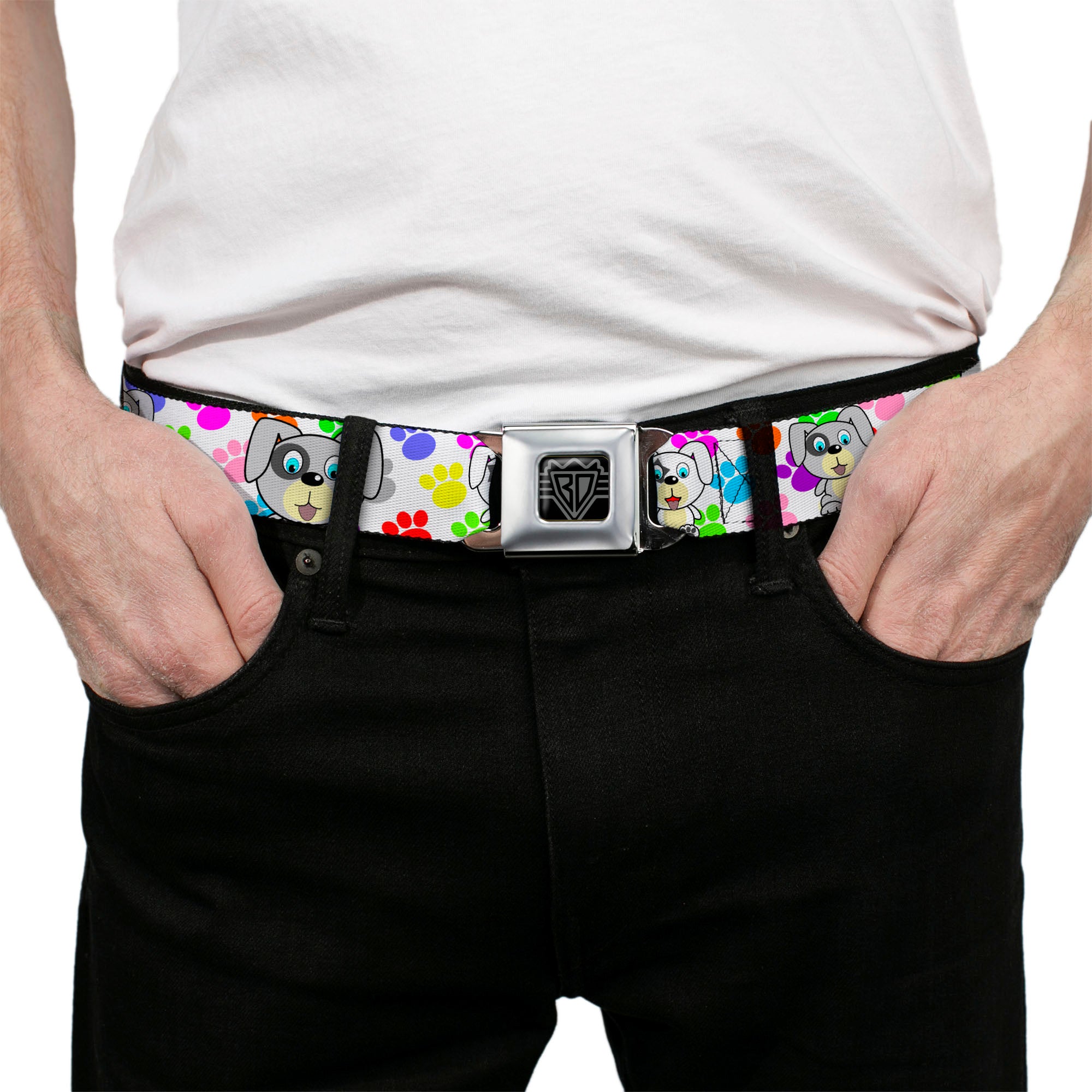BD Wings Logo CLOSE-UP Full Color Black Silver Seatbelt Belt - Puppies w/Paw Prints White/Multi Color Webbing Seatbelt Belts Buckle-Down