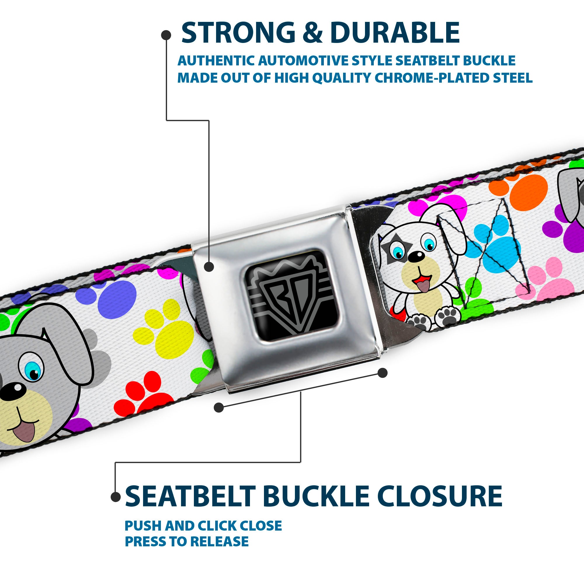 BD Wings Logo CLOSE-UP Full Color Black Silver Seatbelt Belt - Puppies w/Paw Prints White/Multi Color Webbing Seatbelt Belts Buckle-Down