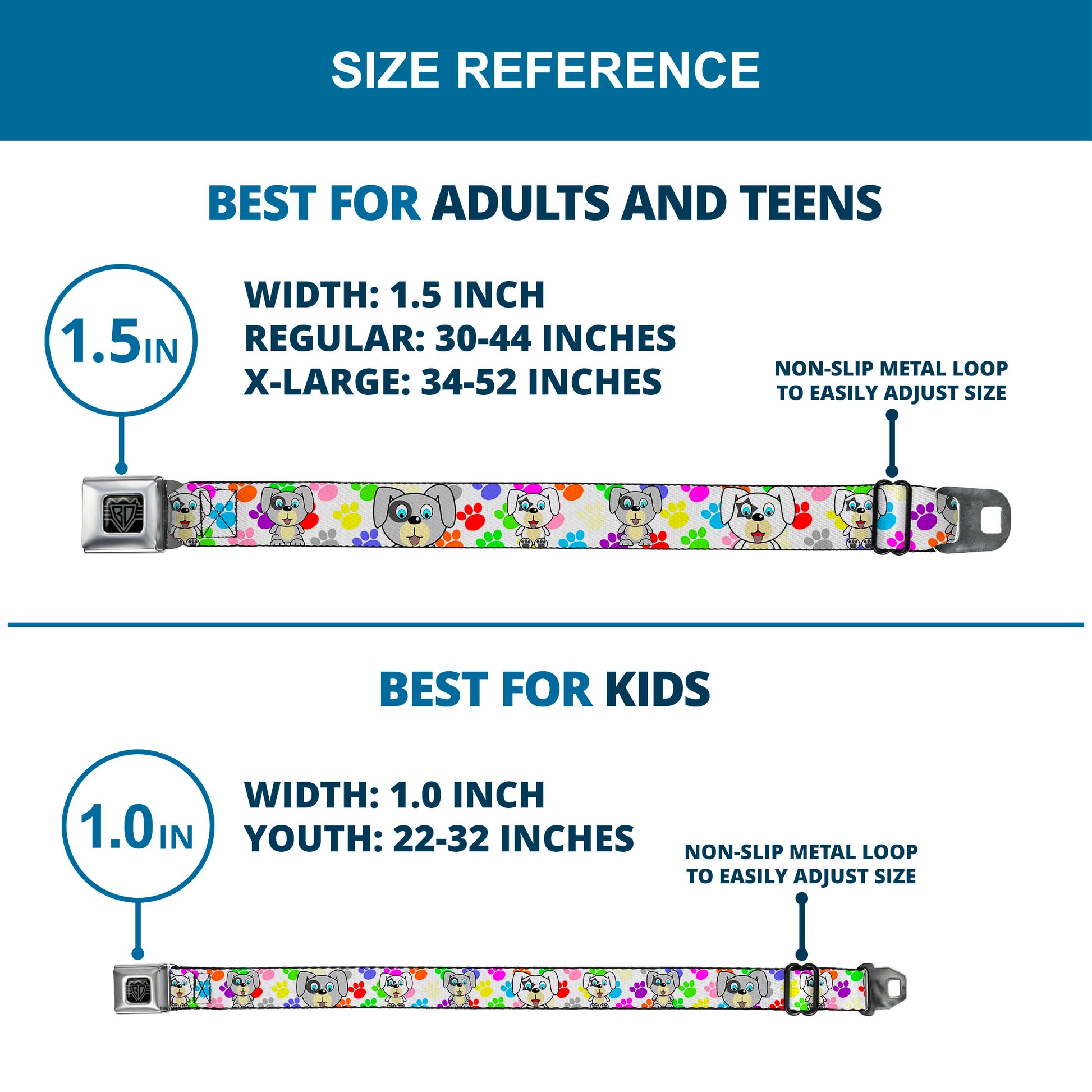 BD Wings Logo CLOSE-UP Full Color Black Silver Seatbelt Belt - Puppies w/Paw Prints White/Multi Color Webbing Seatbelt Belts Buckle-Down