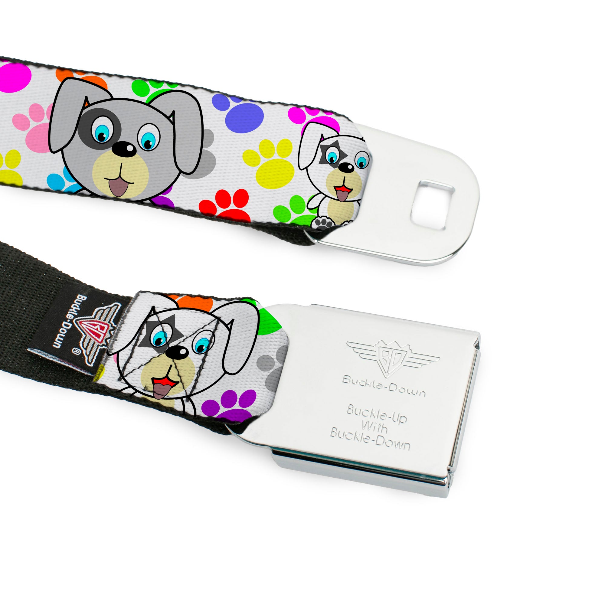 BD Wings Logo CLOSE-UP Full Color Black Silver Seatbelt Belt - Puppies w/Paw Prints White/Multi Color Webbing Seatbelt Belts Buckle-Down