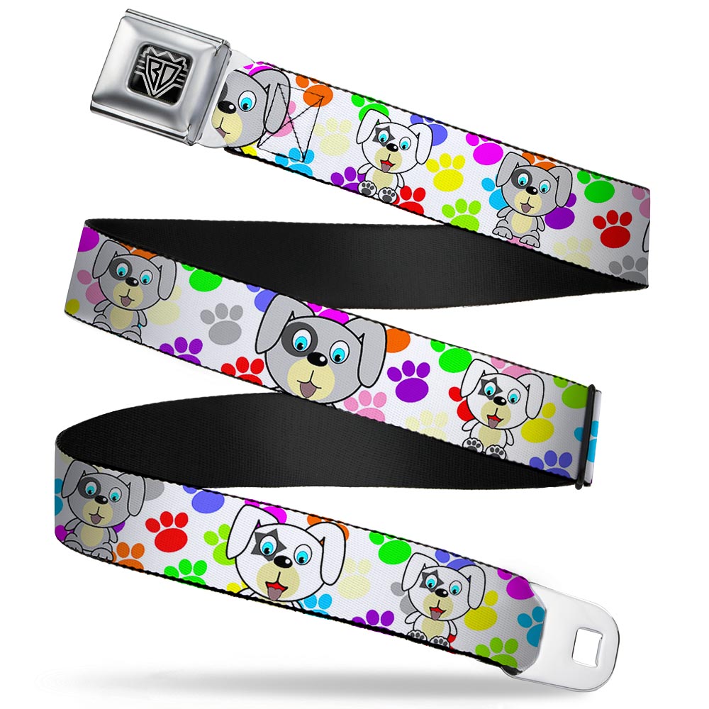 BD Wings Logo CLOSE-UP Full Color Black Silver Seatbelt Belt - Puppies w/Paw Prints White/Multi Color Webbing Seatbelt Belts Buckle-Down