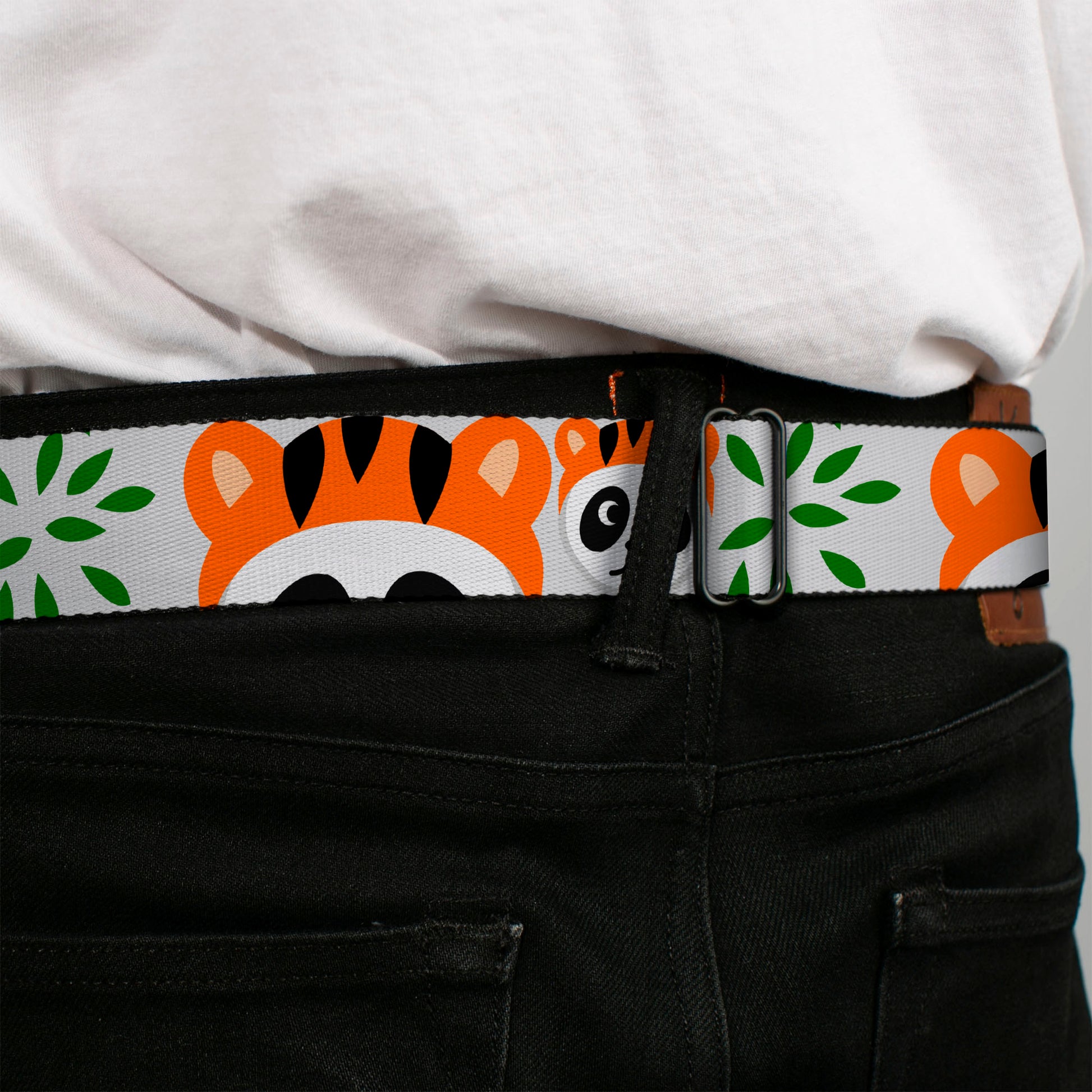 BD Wings Logo CLOSE-UP Full Color Black Silver Seatbelt Belt - Panda w/Tiger Hat Webbing Seatbelt Belts Buckle-Down