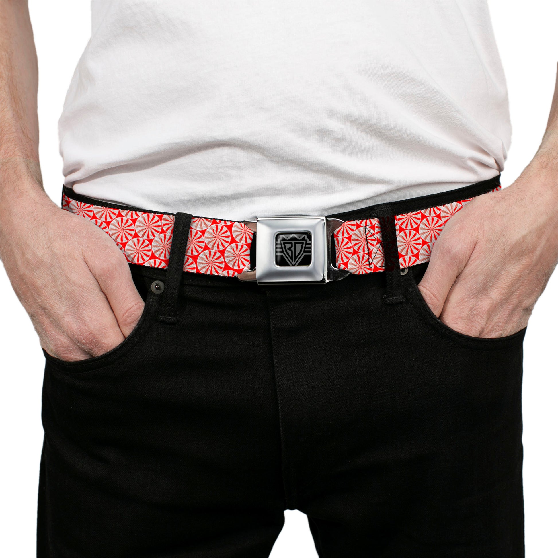 BD Wings Logo CLOSE-UP Full Color Black Silver Seatbelt Belt - Peppermint Candies Webbing Seatbelt Belts Buckle-Down