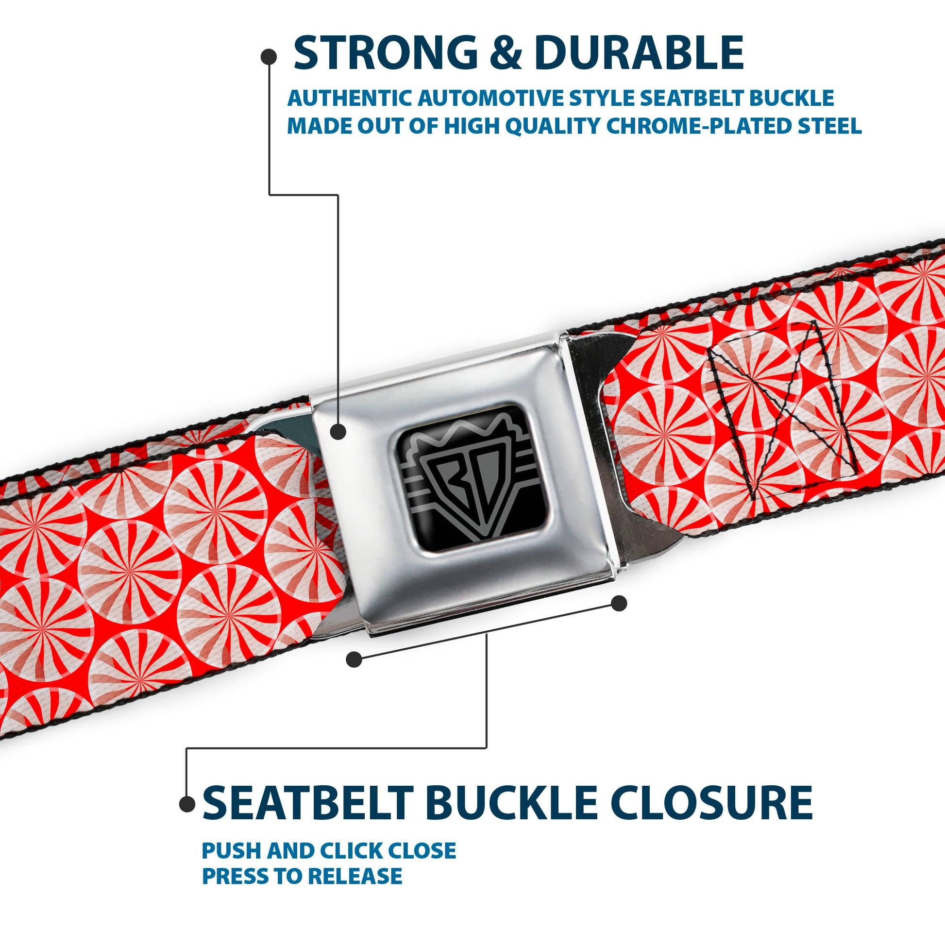 BD Wings Logo CLOSE-UP Full Color Black Silver Seatbelt Belt - Peppermint Candies Webbing Seatbelt Belts Buckle-Down