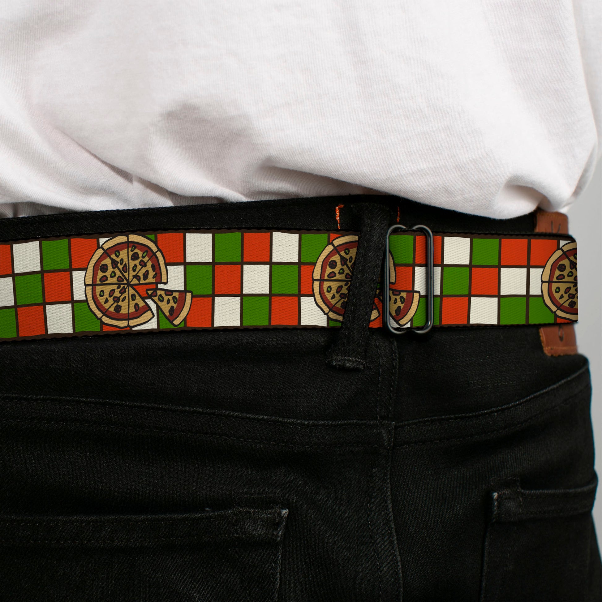 BD Wings Logo CLOSE-UP Full Color Black Silver Seatbelt Belt - Pizza Pies Webbing Seatbelt Belts Buckle-Down