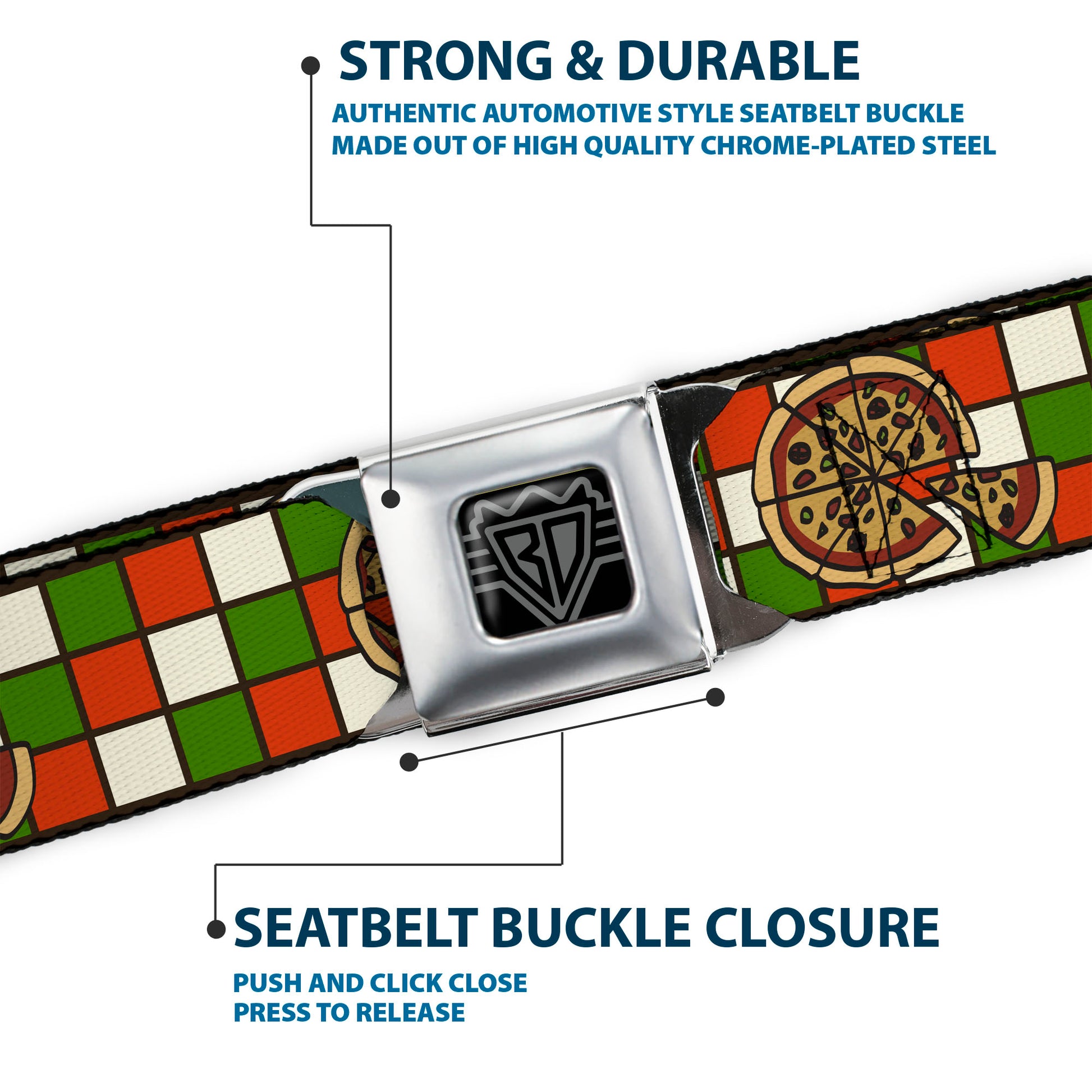 BD Wings Logo CLOSE-UP Full Color Black Silver Seatbelt Belt - Pizza Pies Webbing Seatbelt Belts Buckle-Down