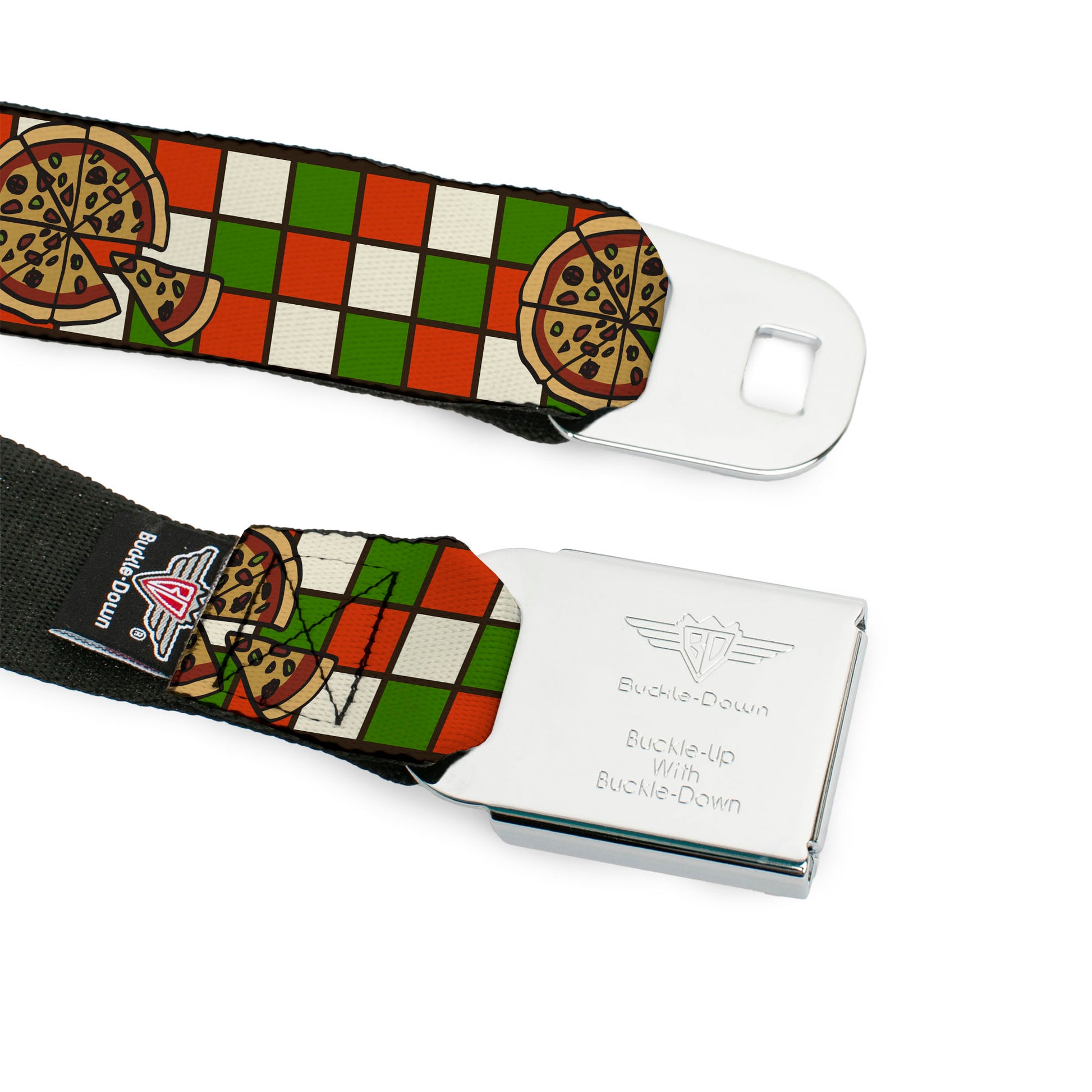BD Wings Logo CLOSE-UP Full Color Black Silver Seatbelt Belt - Pizza Pies Webbing Seatbelt Belts Buckle-Down