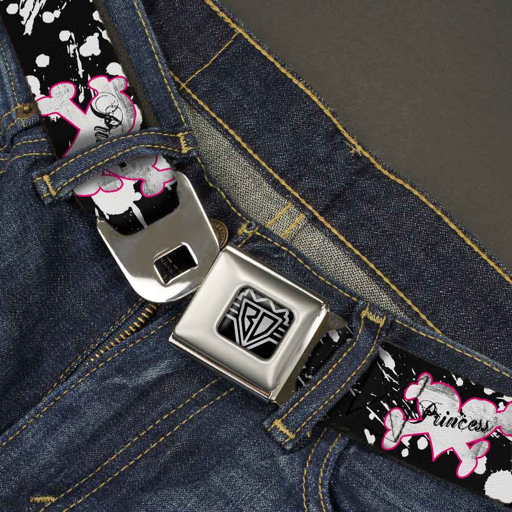 BD Wings Logo CLOSE-UP Full Color Black Silver Seatbelt Belt - Punk Princess Heart & Cross Bones w/Splatter Black/White Webbing Seatbelt Belts Buckle-Down