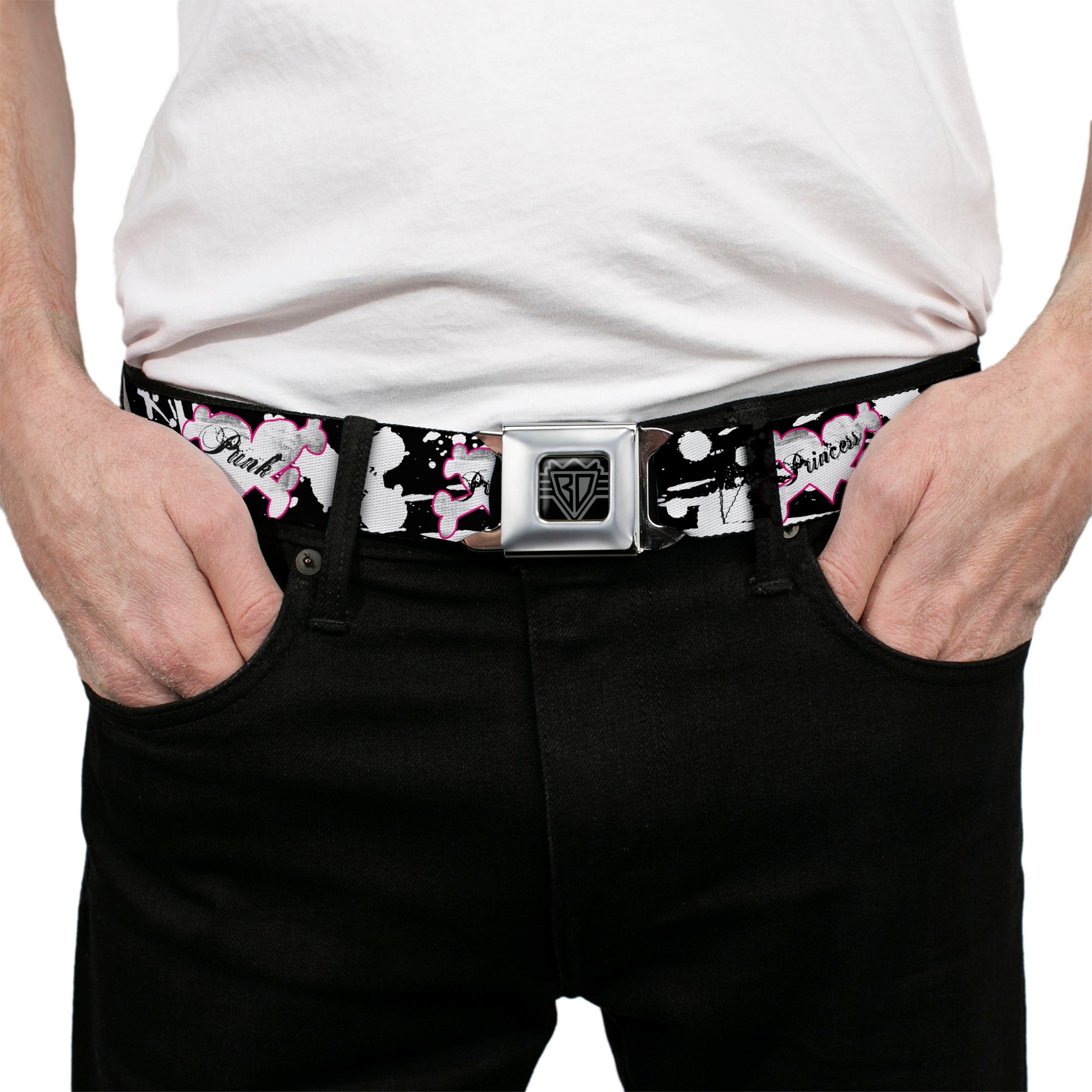 BD Wings Logo CLOSE-UP Full Color Black Silver Seatbelt Belt - Punk Princess Heart & Cross Bones w/Splatter Black/White Webbing Seatbelt Belts Buckle-Down