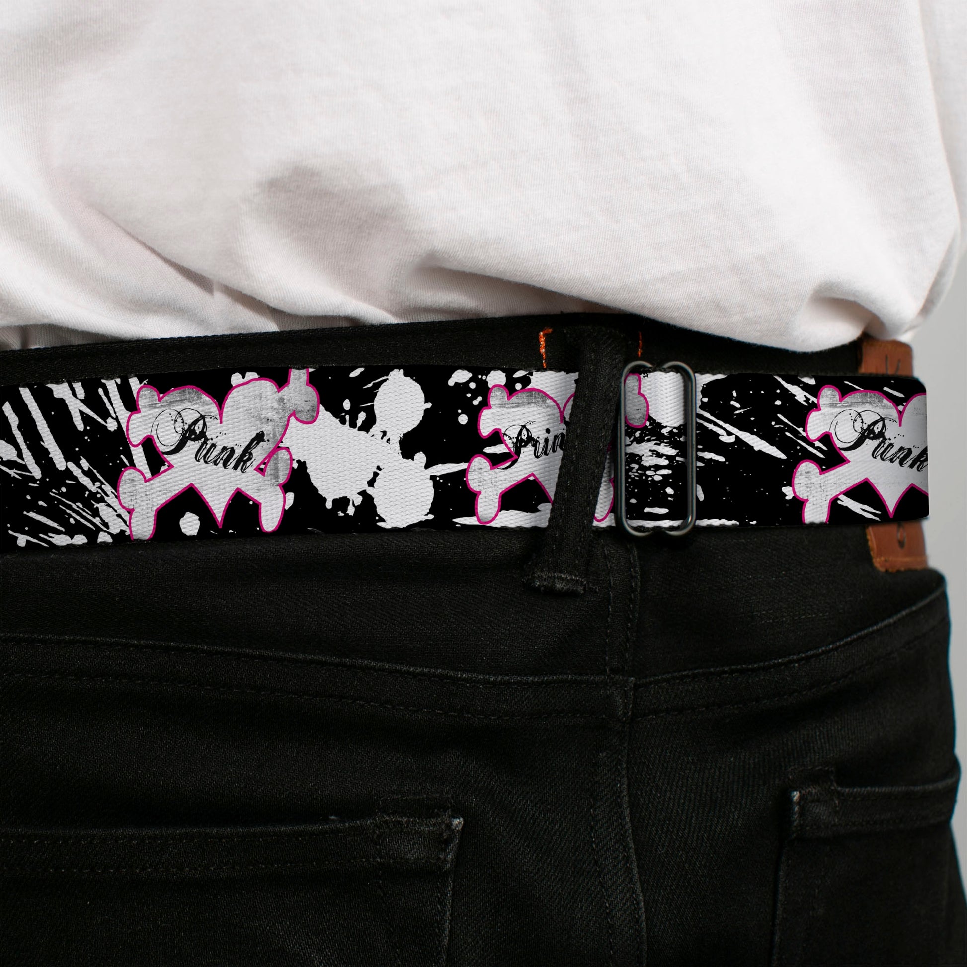 BD Wings Logo CLOSE-UP Full Color Black Silver Seatbelt Belt - Punk Princess Heart & Cross Bones w/Splatter Black/White Webbing Seatbelt Belts Buckle-Down