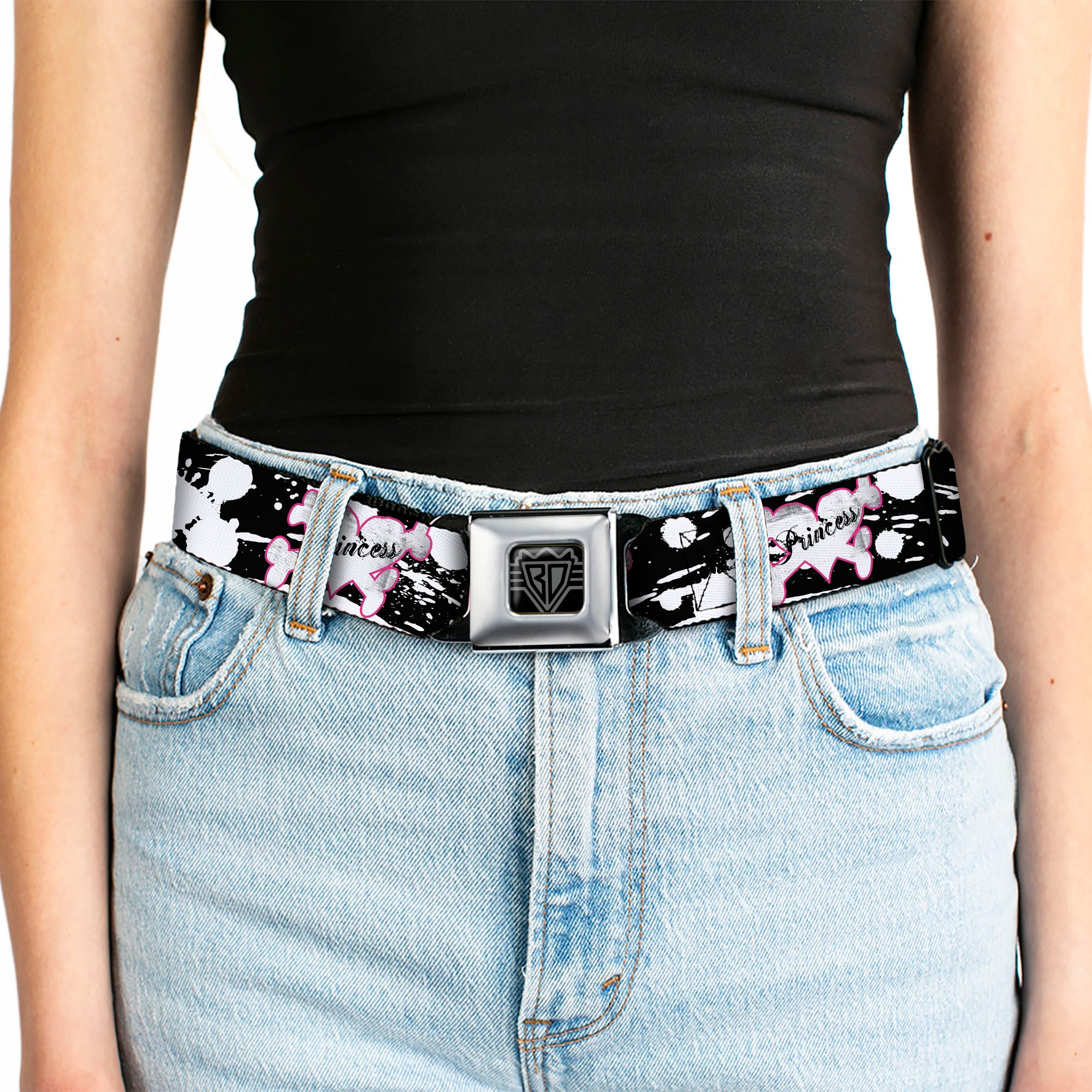 BD Wings Logo CLOSE-UP Full Color Black Silver Seatbelt Belt - Punk Princess Heart & Cross Bones w/Splatter Black/White Webbing Seatbelt Belts Buckle-Down