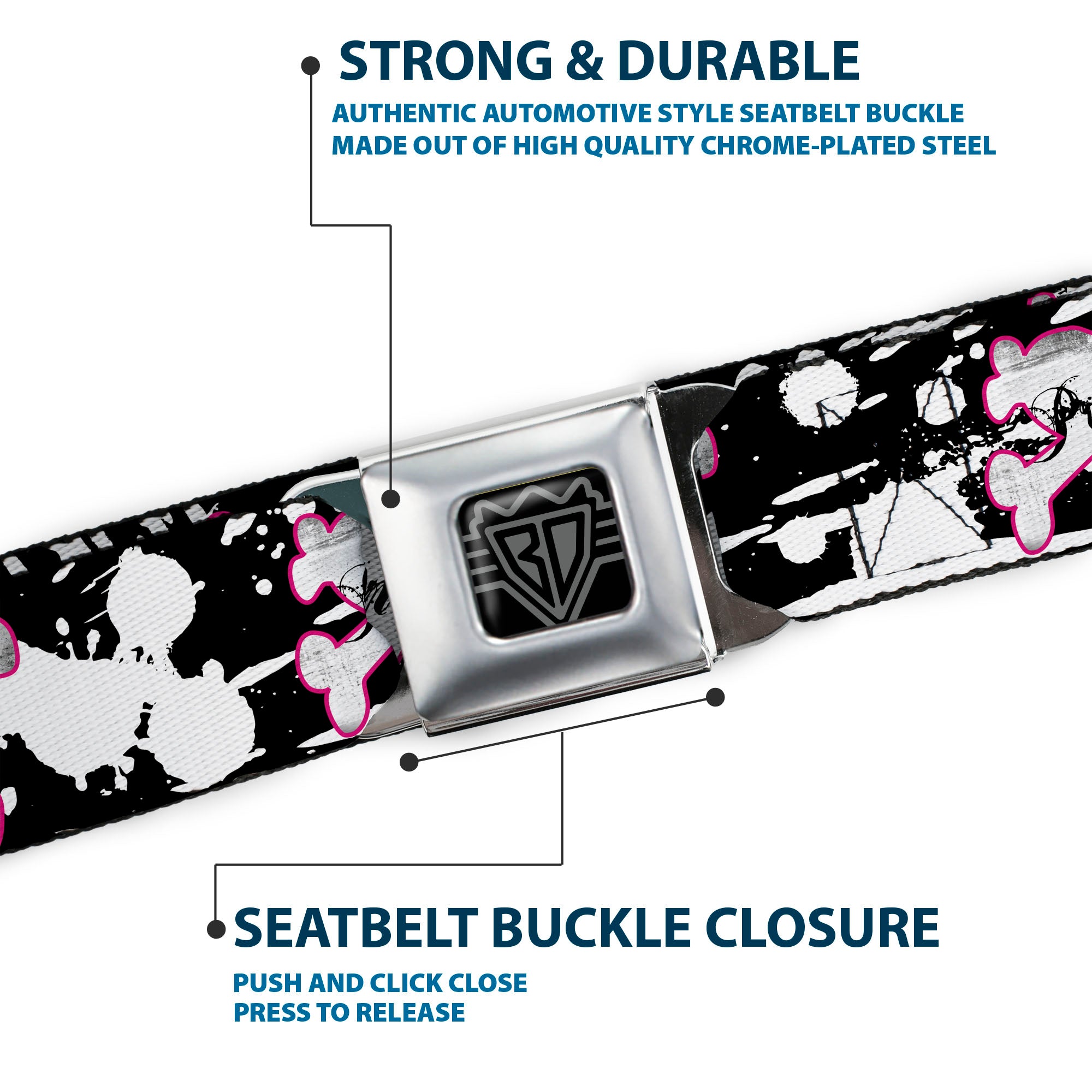 BD Wings Logo CLOSE-UP Full Color Black Silver Seatbelt Belt - Punk Princess Heart & Cross Bones w/Splatter Black/White Webbing Seatbelt Belts Buckle-Down